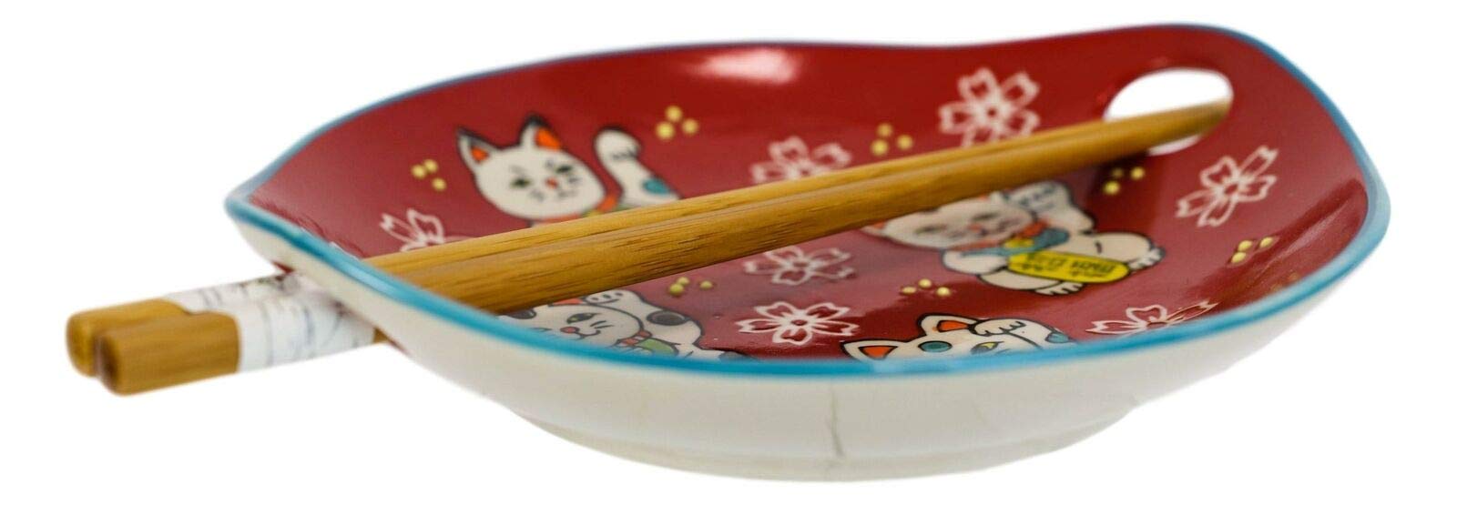 2 Pack Red Maneki Neko Lucky Cat Appetizer Plates with Chopsticks Set - Japanese Fortune Cat Sushi Serving Dishes for Asian Party, Home Decor & Good Luck Gift