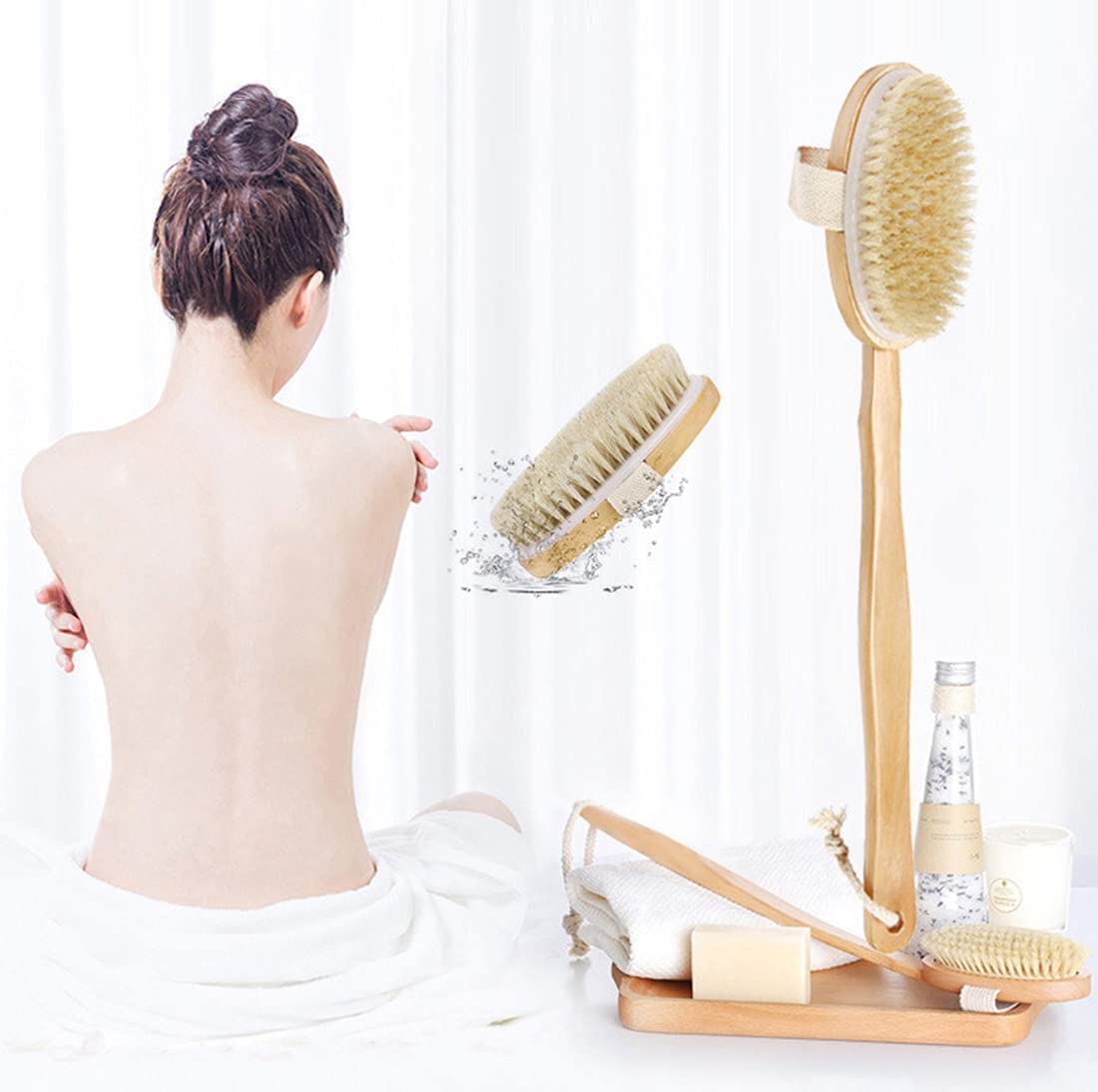 MustHome Wooden Double Sided Body Brush with Natural Bristles - Exfoliating & Dry Brushing for Shower, Back Scrubber with Detachable Long Handle - Perfect for Removing Dead Skin, Toxins & Cellulite - Ideal Beauty Gift for Women & Men (Loofah with Removable Wood Handle) - Great for Spa, Home Bath & Self Care Routine