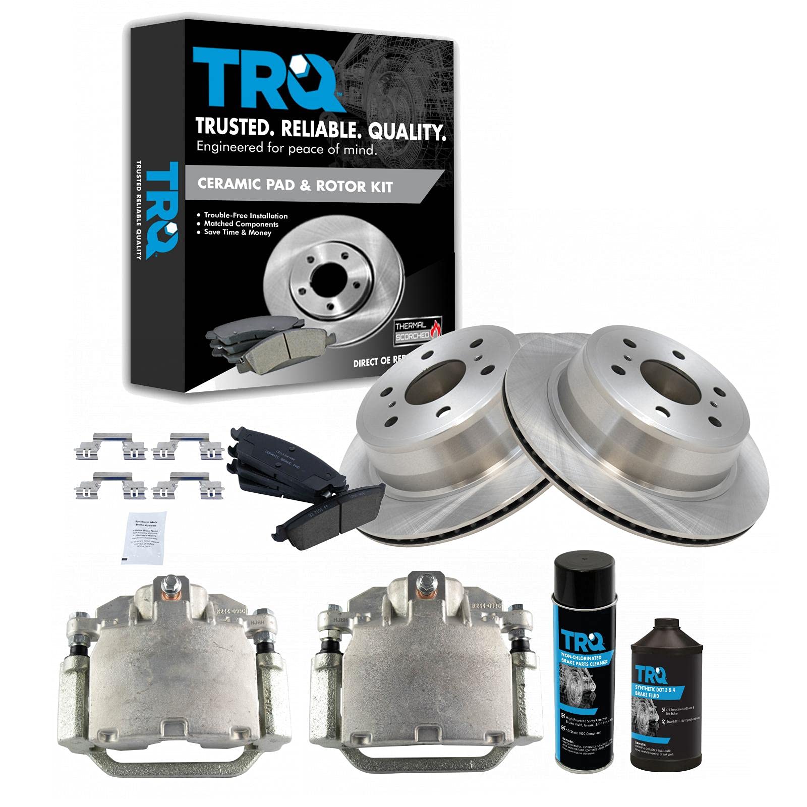 TRQ Rear Ceramic Brake Pad, Rotor & Caliper Kit with Brake Fluid - Compatible with Cadillac Escalade & Chevrolet Silverado 1500/2500/3500 (2007-2020) - Perfect for Towing, Off-Roading & Heavy-Duty Driving