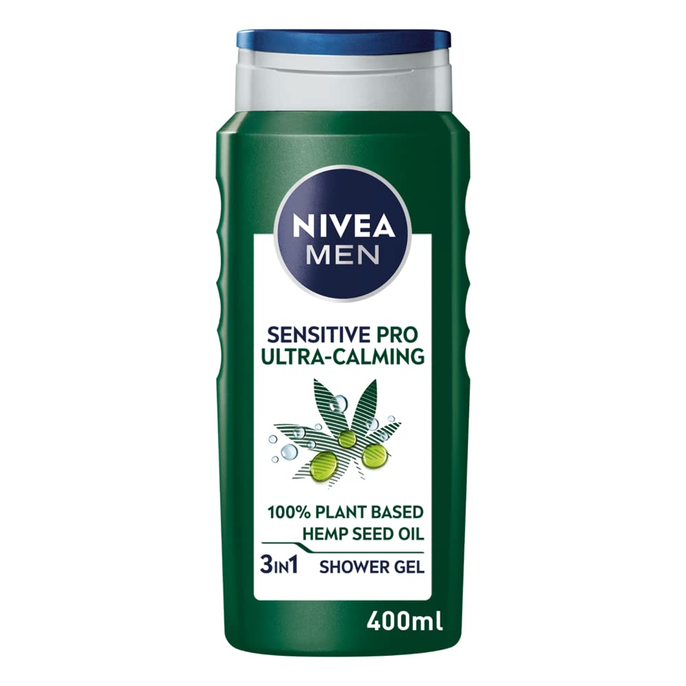 NIVEA MEN Sensitive Pro Hemp Shower Gel 400ml - Alcohol-Free Body Wash for Sensitive Skin with Hemp Seed Oil & Vitamin E - Gentle Daily Cleanser for Men with Dry or Irritated Skin - Perfect for Post-Workout & Shaving Relief