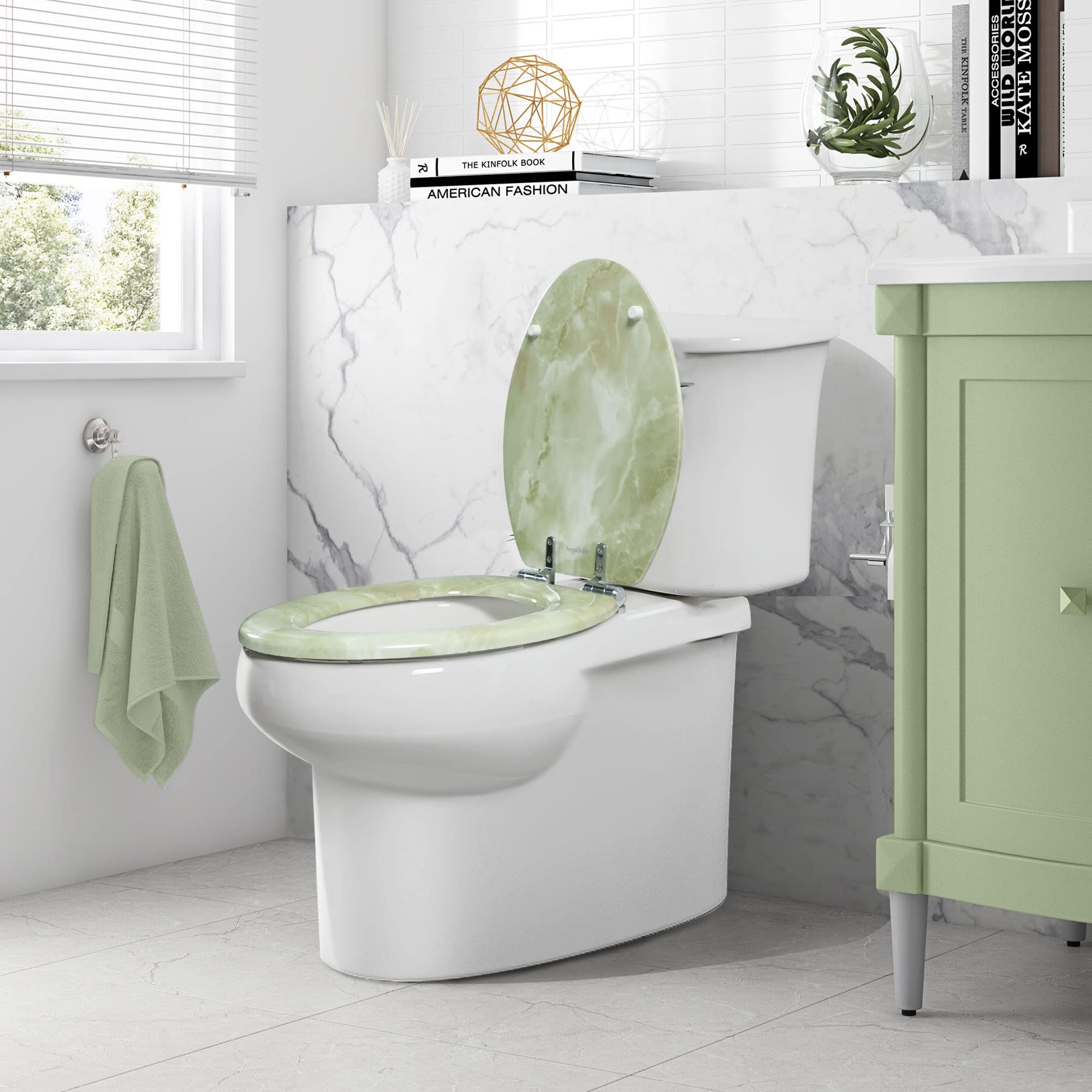 Durable Molded Wood Elongated Toilet Seat with Quiet Close, Easy Clean & Quick-Release Hinges - Green Marble Design | Perfect for Bathroom Upgrade, Home Renovation & Modern Decor