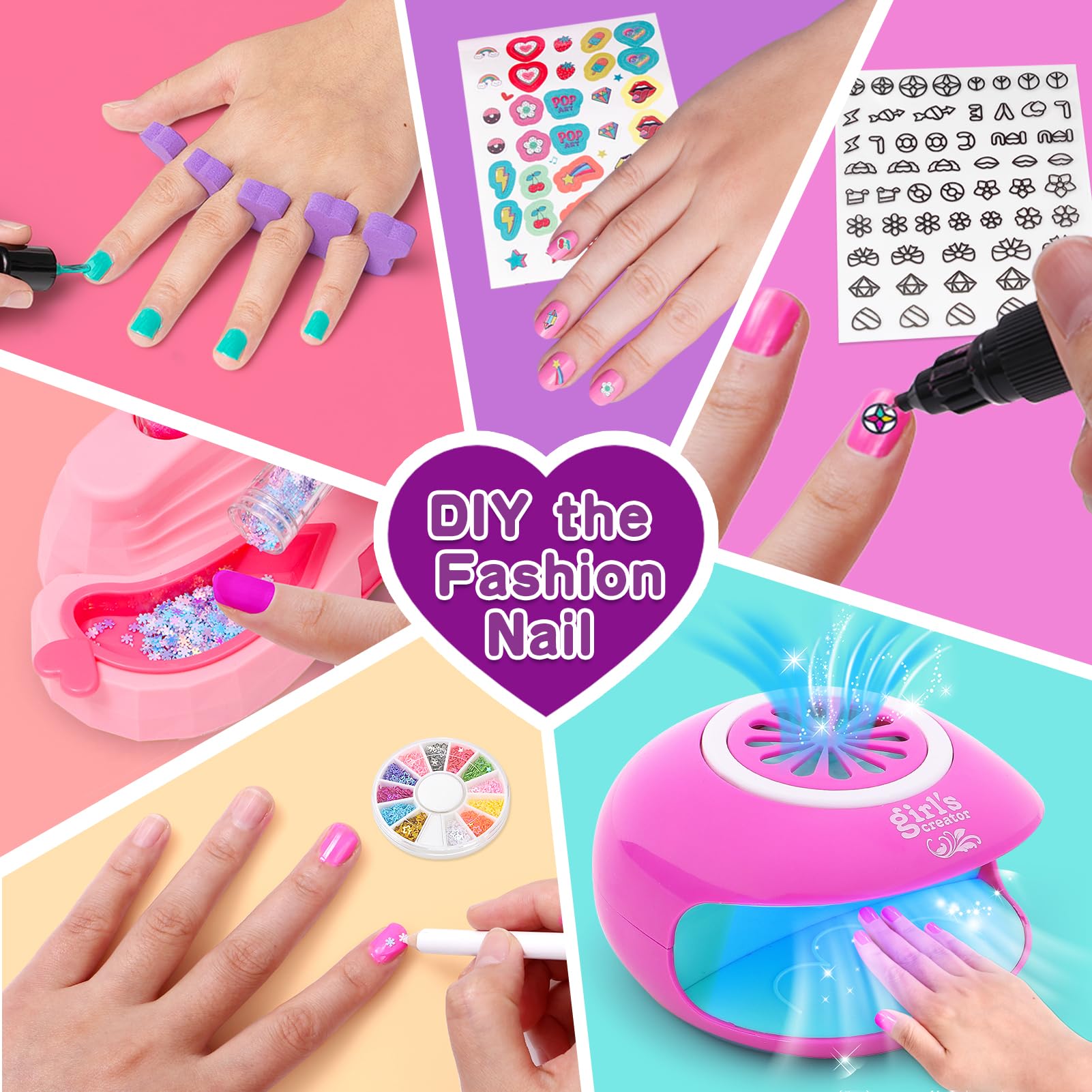 Non-Toxic Kids Nail Polish Set for Girls Ages 4-13 - 4 Nail Art Pens, Mini Nail Dryer, 3 Polish Colors, 2 Storage Bases, Stickers & Glitter Powder - Birthday Gift & Salon Toy Kit for Pretend Play & Creative Nail Art Designs
