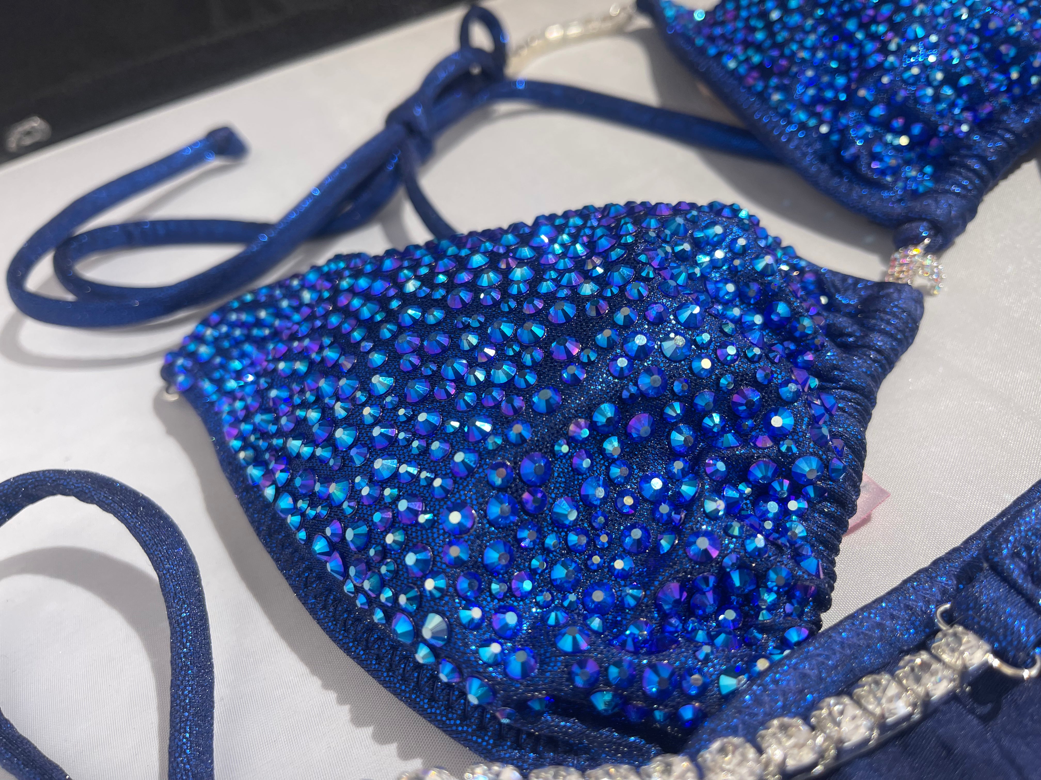 Royal Blue Bikini Competition Suit with Crystal Layers & Colored Stones - High Cut Swimsuit for Bodybuilding, Fitness Shows & Beachwear