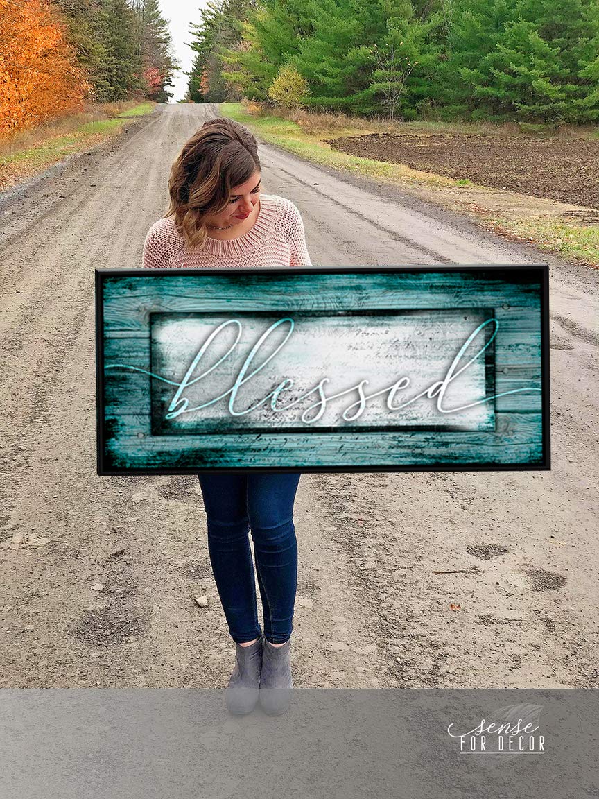 Blessed Sign Religious Wall Decor - Christian Framed Canvas Art with Floating Frame (42x19, Teal & Black) - Perfect for Living Room, Bedroom & Church Décor