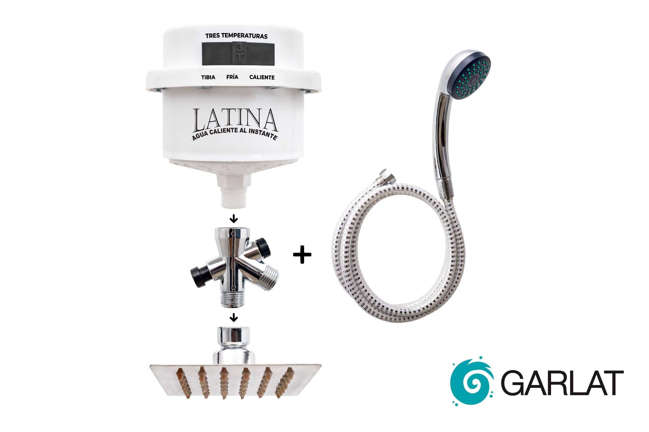 LATINA Tankless Electric Shower Heater with 3-Temperature Settings - Instant Hot Water System with Handheld Shower Head & Square Plate (120V LT13) - Perfect for Bathroom, RV, Camping & Off-Grid Living