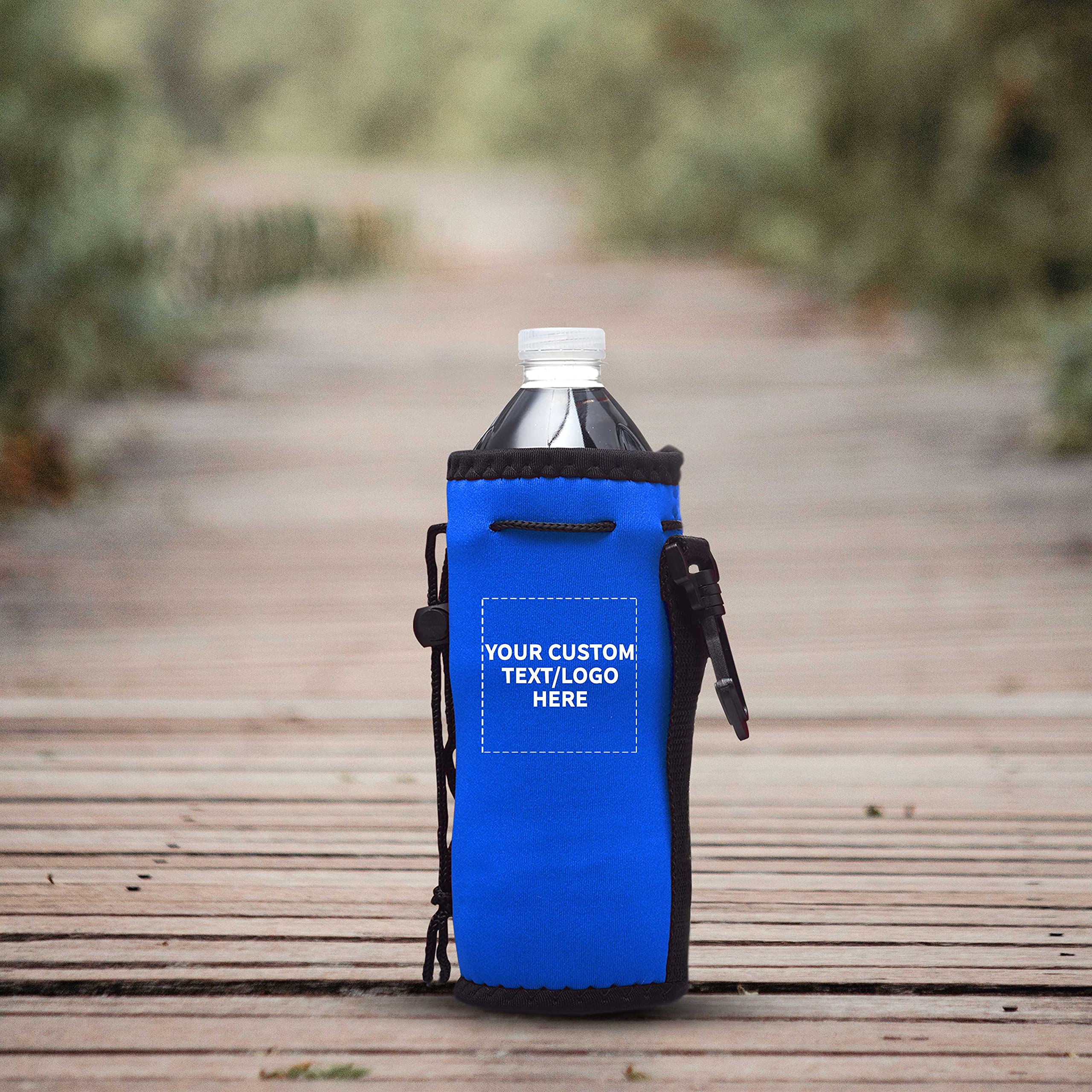100 Pack Custom Neoprene Water Bottle Insulators with Drawstring - Personalized Text & Logo - 12 oz Longneck Bottle Sleeves with Hook - Royal Blue - Perfect for Parties, Events & Corporate Gifts