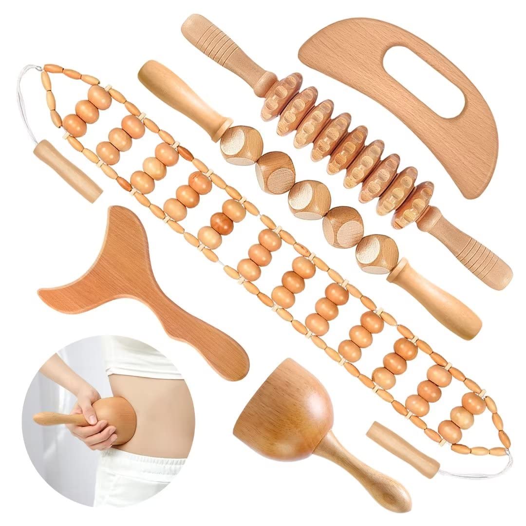 JUANWAN 6-in-1 Wooden Massage Therapy Set for Body Shaping & Muscle Pain Relief - Natural Wooden Massager Tools for Cellulite Reduction, Lymphatic Drainage & Relaxation - Perfect for Spa, Home Use & Professional Therapists