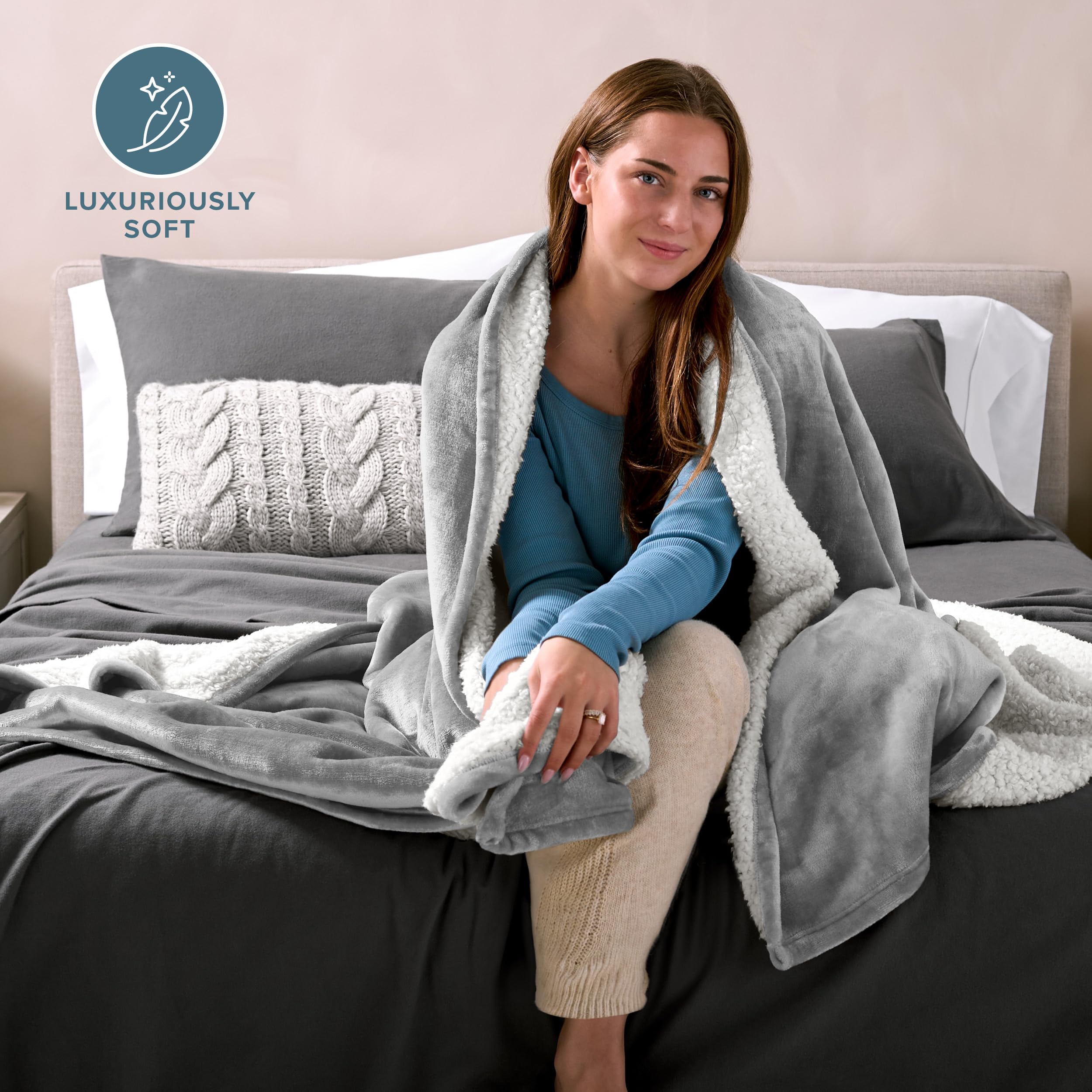 Bare Home Sherpa Fleece Blanket - Ultra Soft Reversible Plush Throw Blanket for Bed, Sofa, Couch - Lightweight & Warm Travel Blanket for Camping, Airplane, Car - Perfect Gift for Christmas, Birthday - Light Grey - Cozy for Movie Nights, Reading & Relaxation