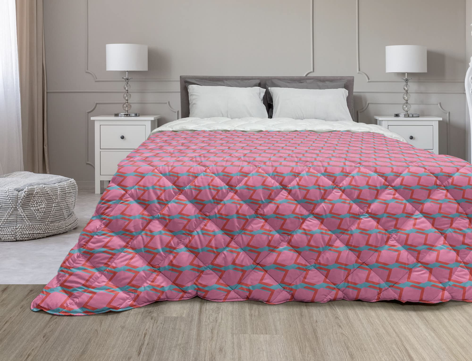 Ambesonne Abstract Down Alternative Comforter - Modern Geometric Chevron Pattern Microfiber All-Season Bedding - Twin Size in Pink & Sea Blue - Perfect for Contemporary Bedrooms, Guest Rooms & Dorm Decor