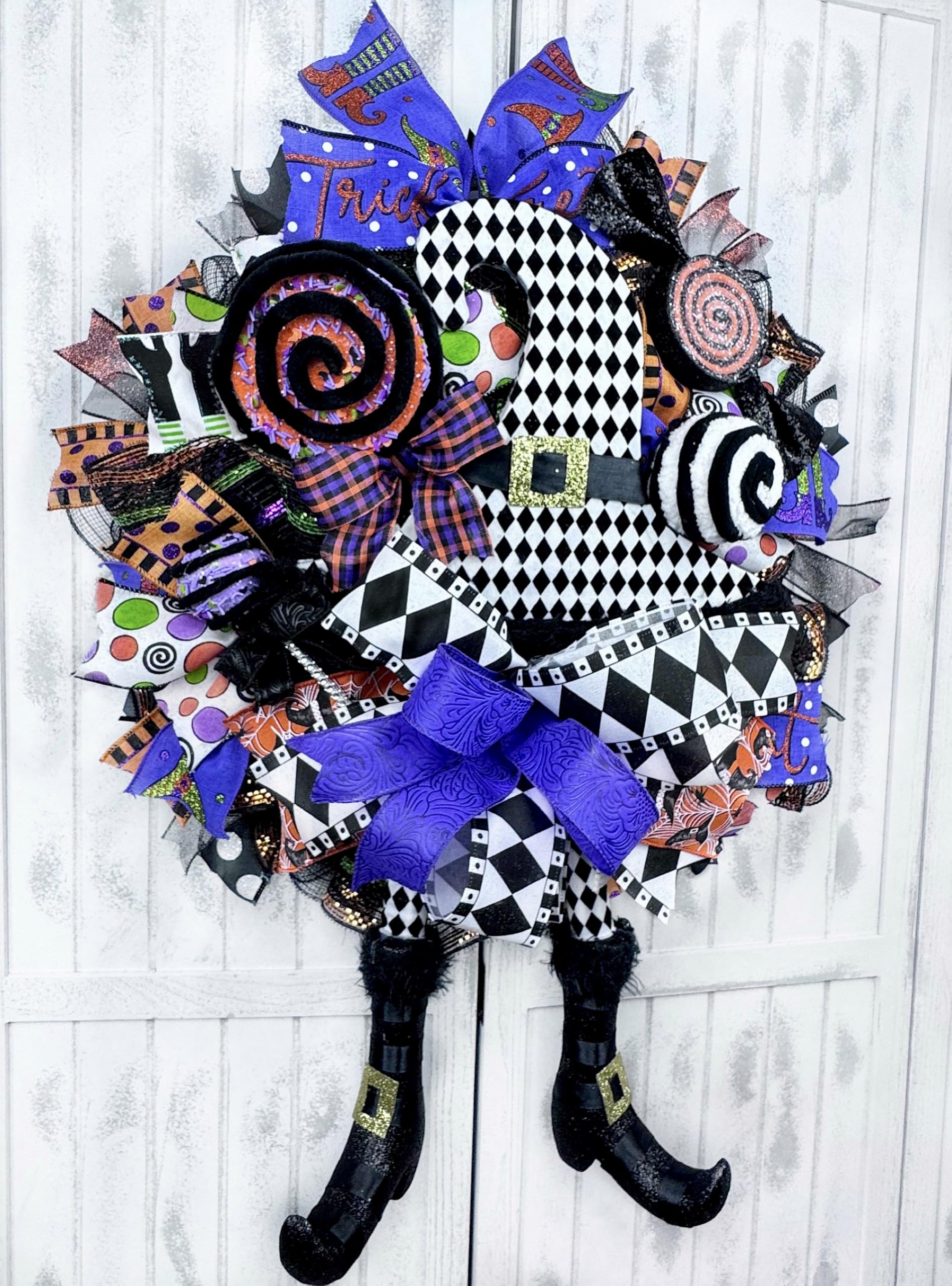 Handmade Halloween Witch Hat & Legs Wreath with Lollipop, Candy, Cake Pop, and Ball Ornament - Spooky Front Door Decor for Halloween Party, Trick or Treat, Home & Outdoor Halloween Decorations