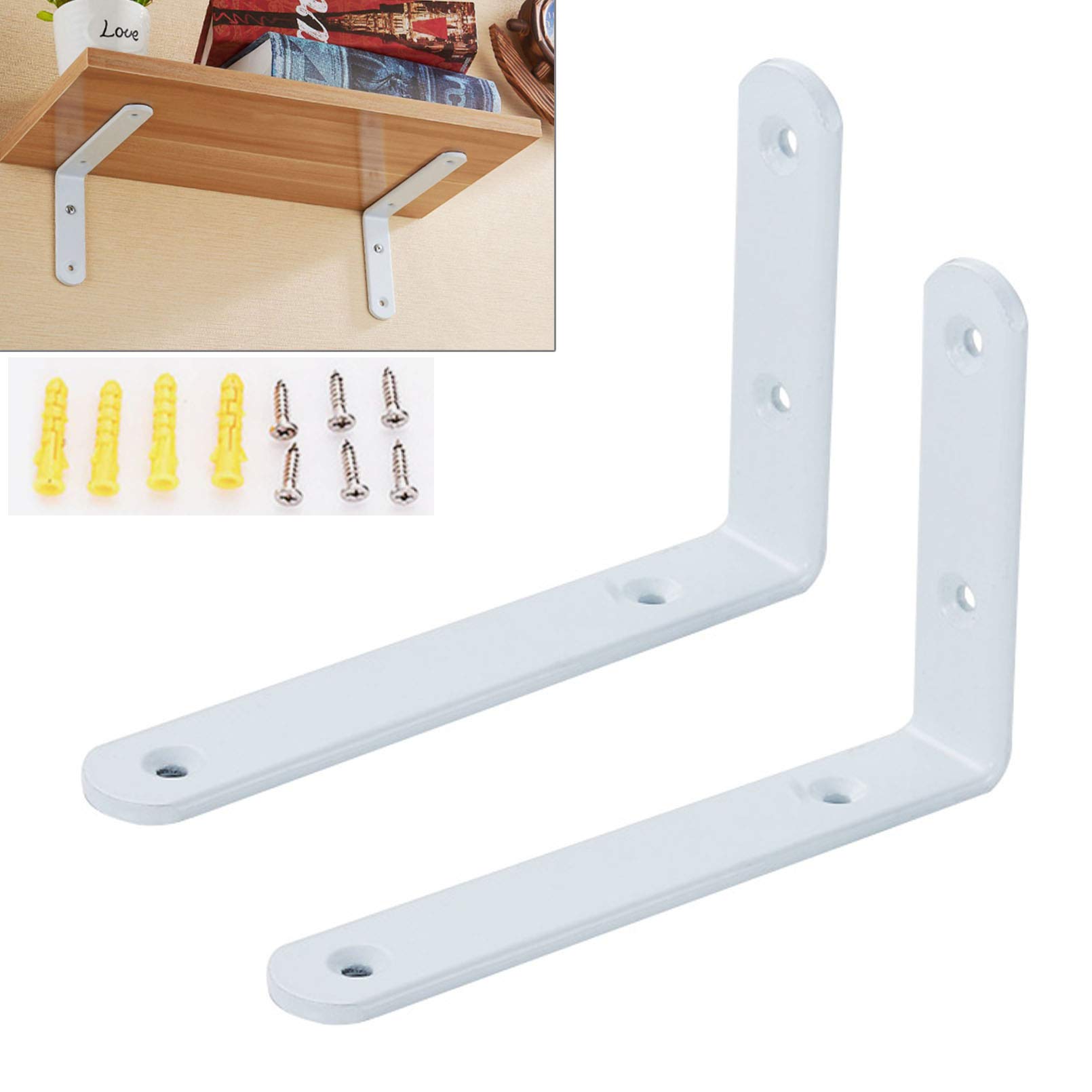 Heavy Duty L-Shaped Shelf Brackets 10 Inch - Rustic Farmhouse Metal Iron Wall Floating Angle Brackets for DIY Kitchen, Wood Board, Chair & Shelf Corners - 2 Pack White - Perfect for Home Office, Garage & Bathroom Storage