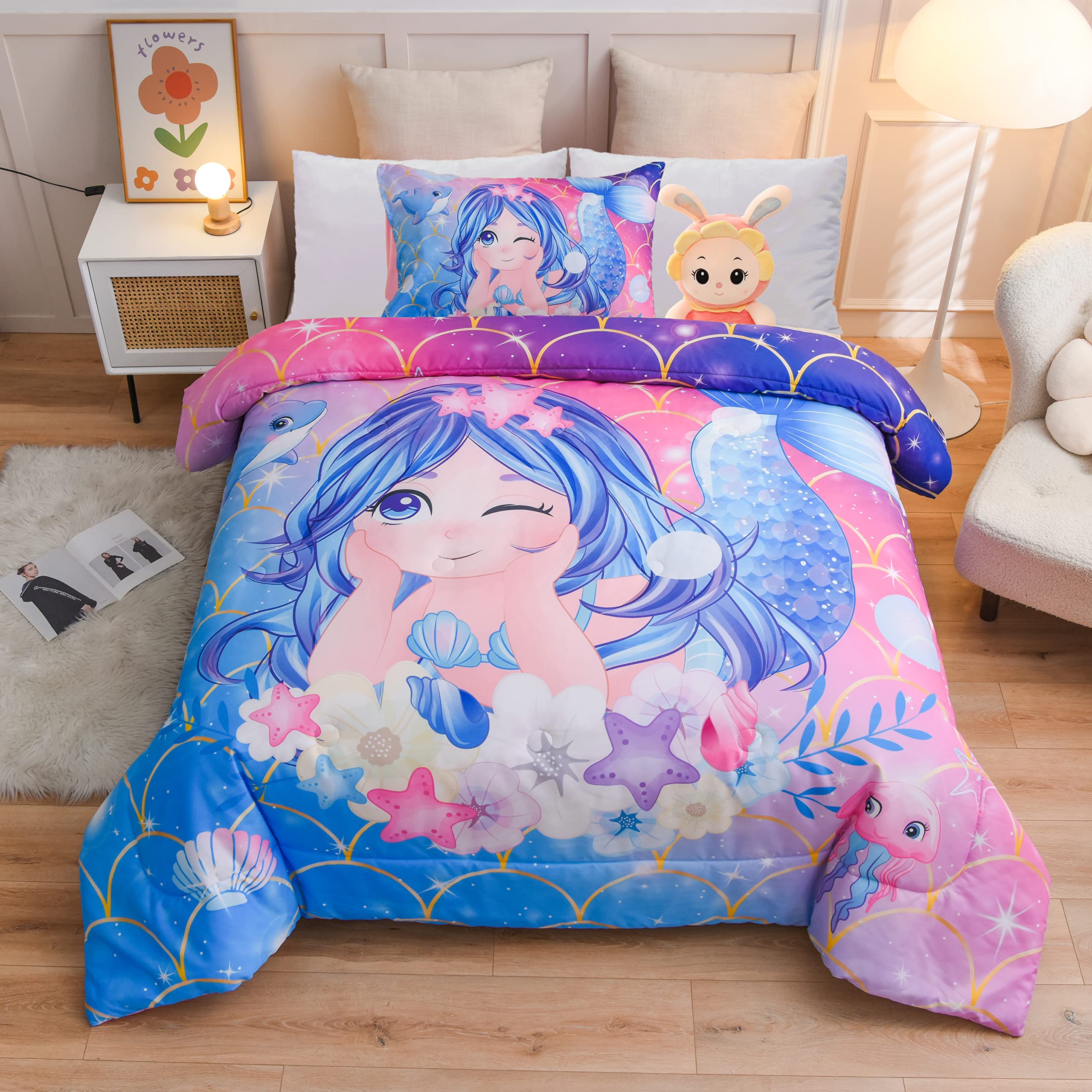 Egchescebo 3D Mermaid Twin Size Comforter Set for Girls - Ultra Soft 100% Microfiber Bedding with Breathable Warmth, Blue Kids Quilt 68