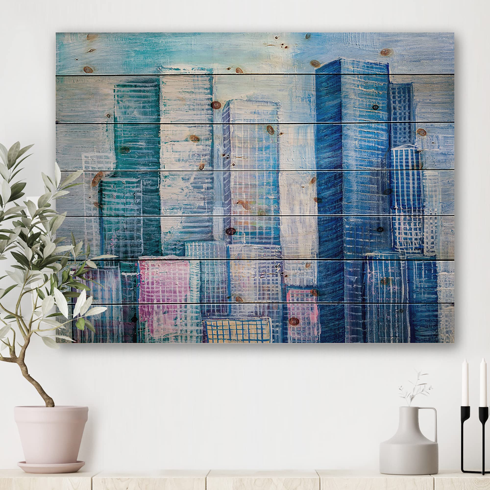 Modern Wood Wall Art - Abstract Cityscape Panorama on Pine for Living Room Decor