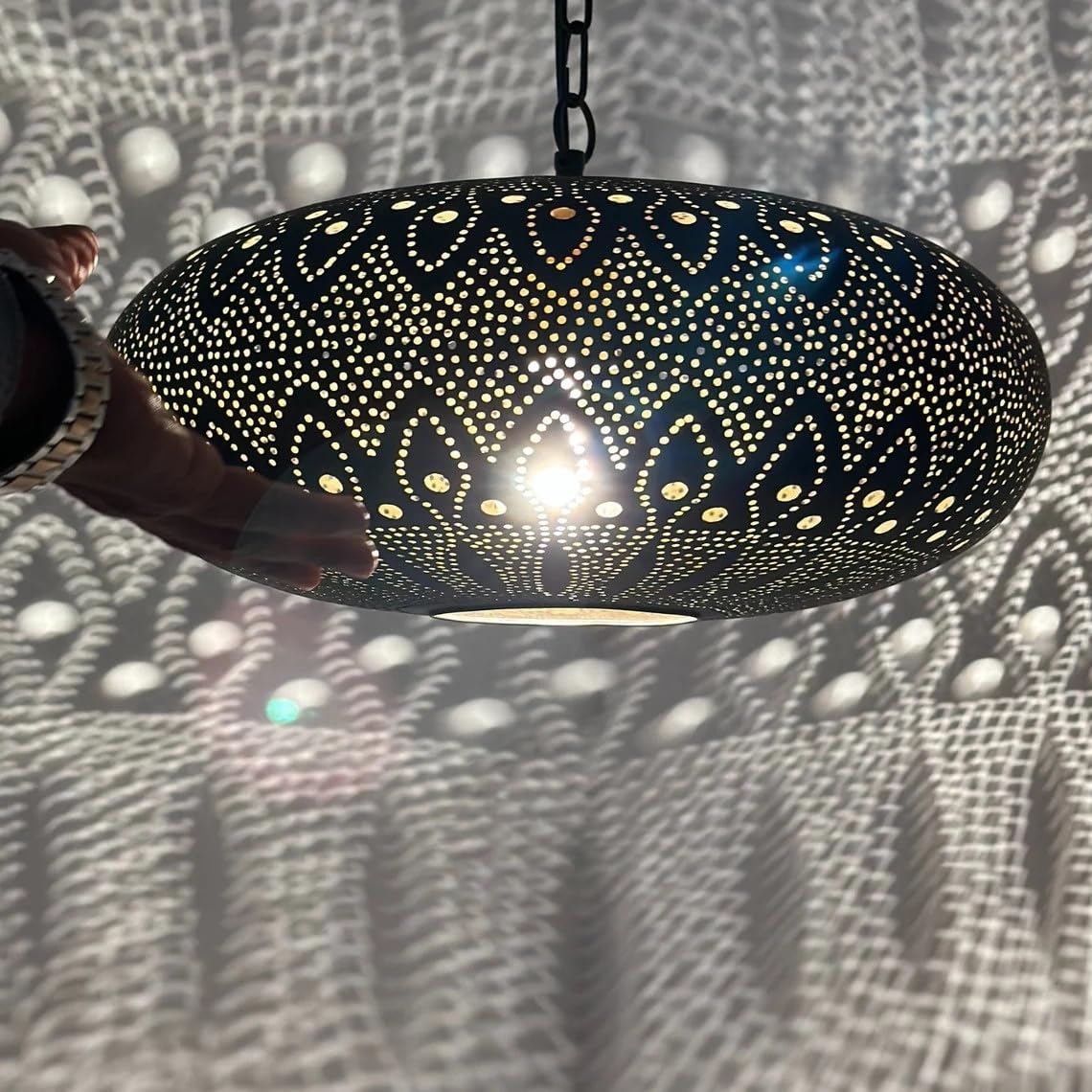 Handcrafted Moroccan Rustic Pendant Light Chandelier - 17.7 Inch Black Hanging Fixture for Farmhouse Dining Room, Kitchen Island & Living Room Lighting | Boho Home Decor & Maximalist Interior Design