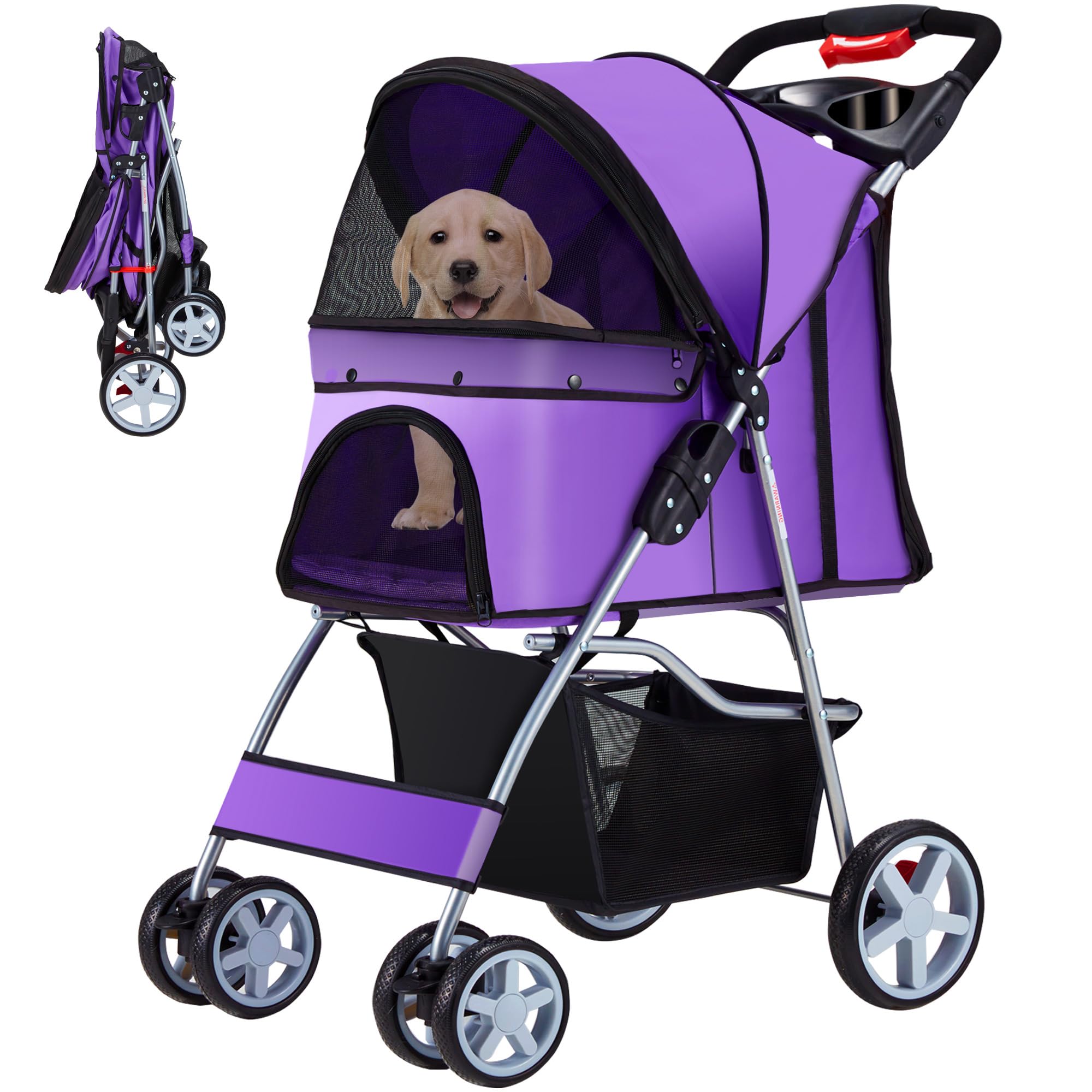 Premium 4-Wheel Pet Stroller for Small & Medium Dogs & Cats - Foldable Lightweight Design with Cup Holder, Storage Basket & Breathable Mesh - All-Season Pet Carrier (Purple) - Perfect for Park Walks, Vet Visits & Outdoor Adventures
