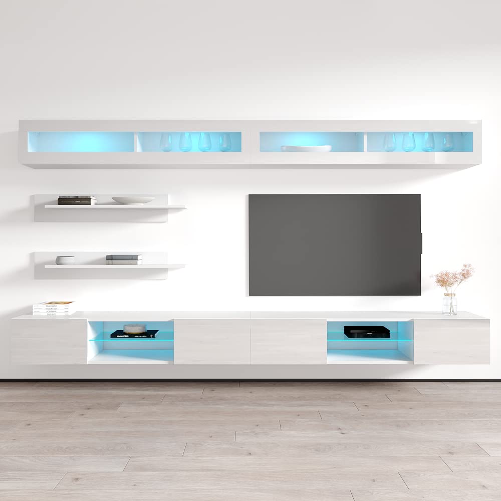Modern Wall-Mounted TV Stand with Storage Shelves & LED Lights - Floating Entertainment Center Console for Bedroom & Living Room - White Meble Furniture Fly I2 33