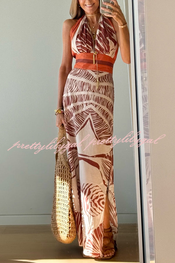 Vacay Bound Linen Blend Unique Botanical Print Halter Maxi Dress - Women's Summer Beach Dress for Vacation, Boho Chic Outfit, Tropical Holiday Wear