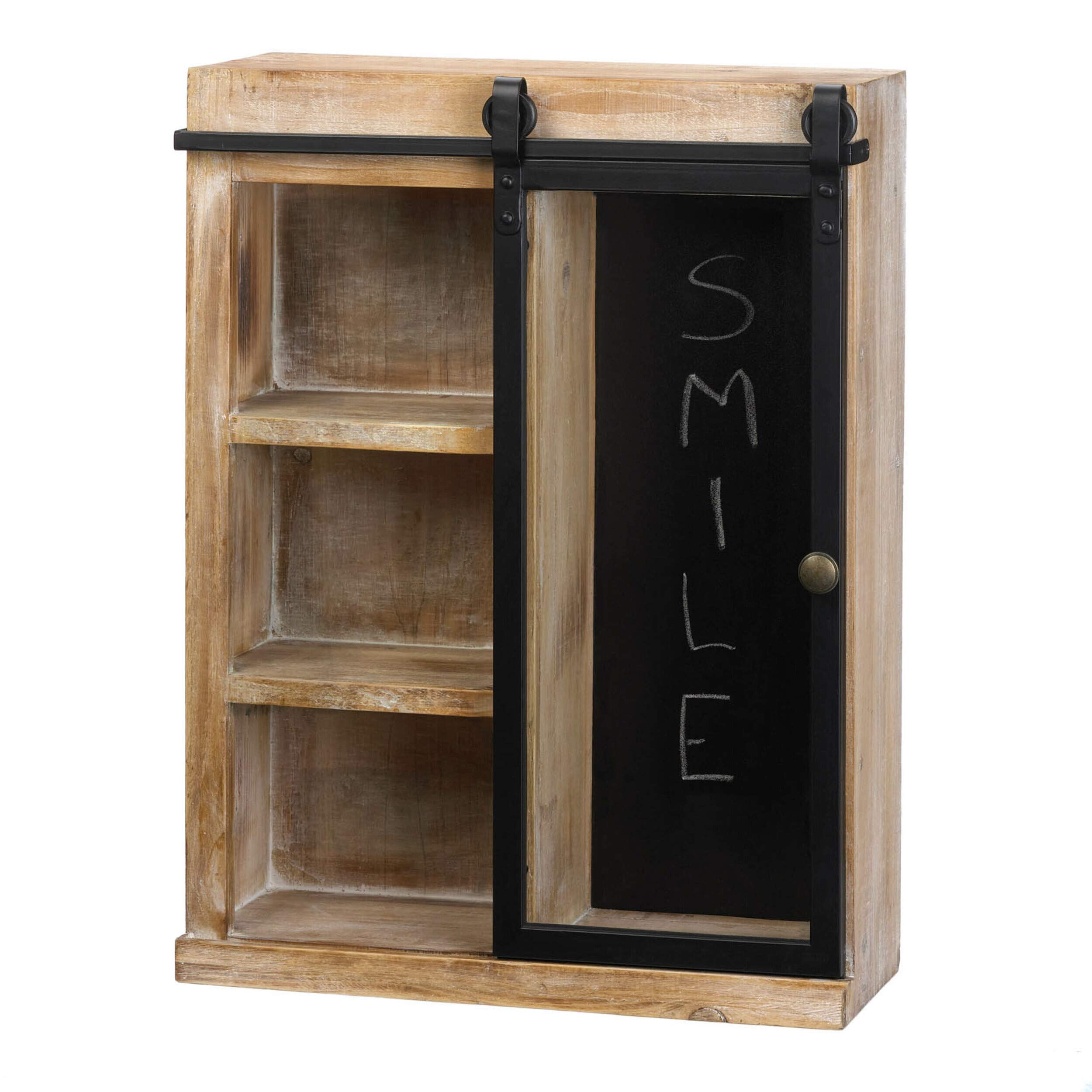 Rustic Open Wall Cabinet with Chalkboard Back & Glass Barn Door - Farmhouse Kitchen Storage for Spices, Dishes & Decor | Accent Plus Home Organization