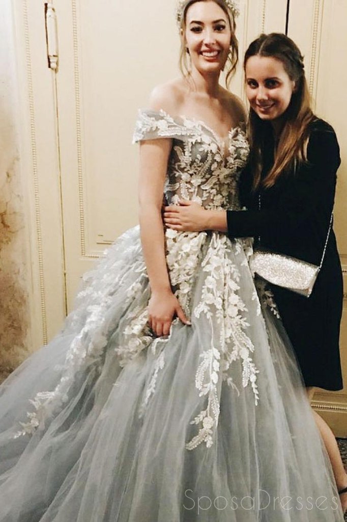 Elegant Off Shoulder Grey Lace Beaded A-Line Long Evening Prom Dress for Sweet 16 | Formal Gown for Homecoming, Wedding, and Special Occasions