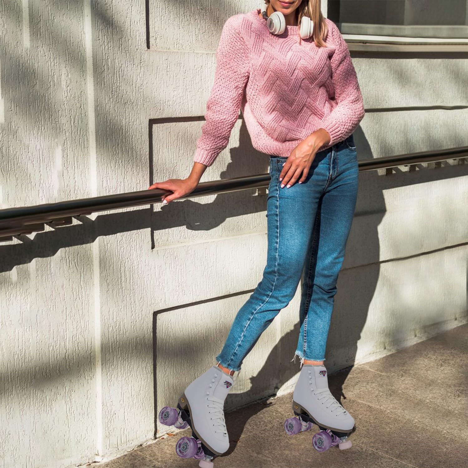 Sure-Grip Fame White Vegan Roller Skates with Pink Motion Wheels - Microfiber Lined Boot, Rock Nylon Plates & Aluminum Trucks - Pink Cushions & Toe Stop - Perfect for Outdoor Skating & Park Adventures