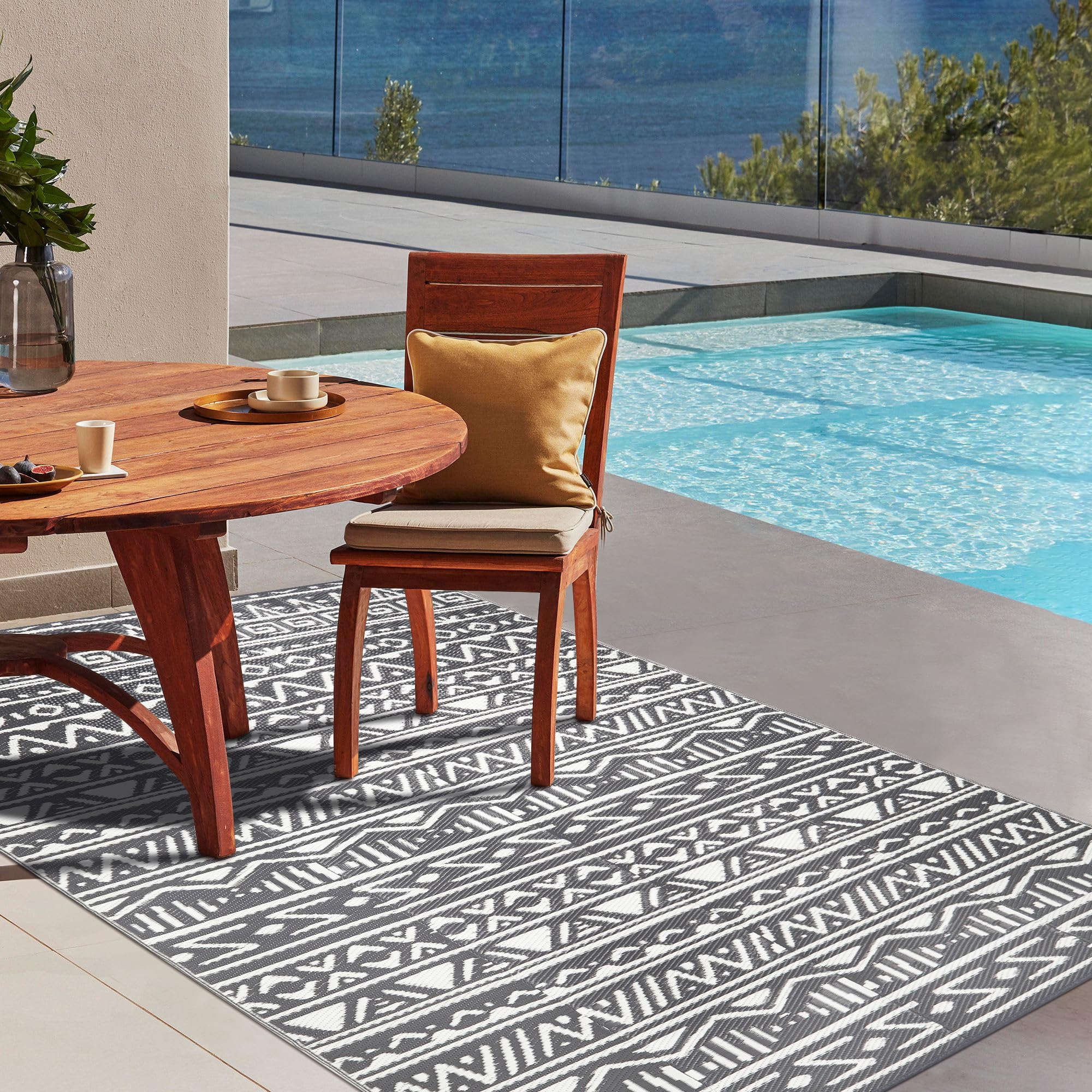 Boho Waterproof Reversible Plastic Straw Rug - 9x12 Outdoor/Indoor Geometric Carpet for Patio, Deck, Balcony, Camping & RV - Gray Washable Large Area Mat | Perfect for Beach, Porch & Outdoor Gatherings