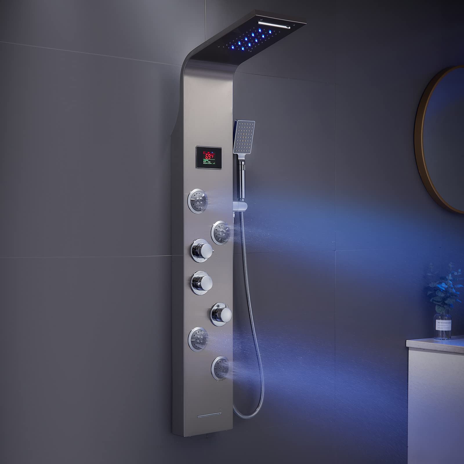 Premium MENATT Shower Tower System with LED Lights & Hydroelectricity Display - Rainfall & Waterfall Shower Head, Massage Jets, Tub Spout & Handheld Shower (Brushed Nickel) for Luxurious Spa-Like Bathroom Experience