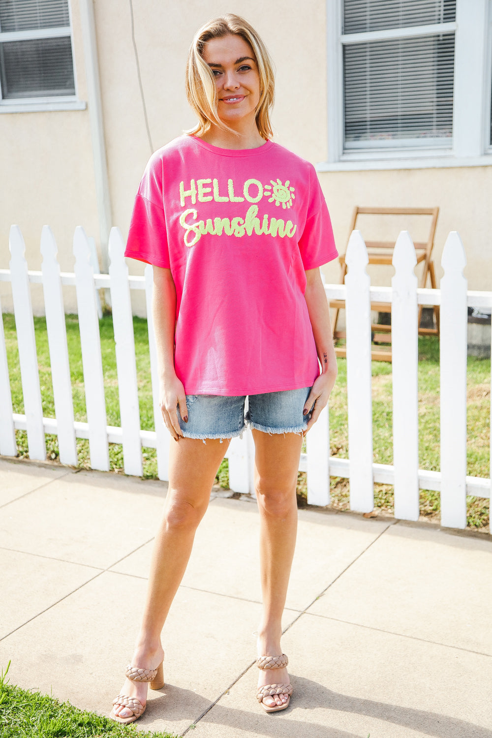 Hello Sunshine Pink and Yellow Embroidered French Terry Pullover Sweatshirt - Cozy Casual Wear for Women