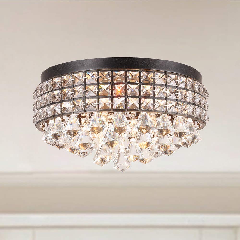 Modern Iron Shade Crystal Flush Mount Chandelier - Black Metal Ceiling Light Fixture for Dining Room, Bedroom & Hallway Lighting