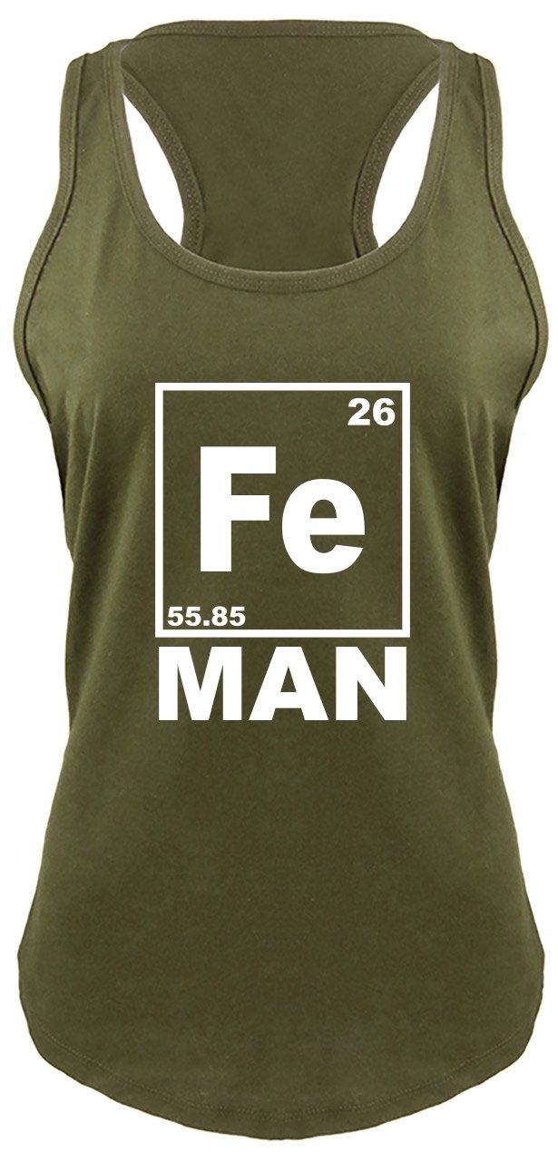 Funny Iron Man Chemistry Periodic Table Racerback T-Shirt for Women - Comical Science Geek Tee for Cosplay, Gifts & Casual Wear