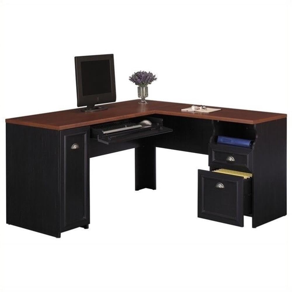 Pemberly Row Black L-Shaped Wood Computer Desk - Home Office Workstation with Storage Shelf for Gaming, Study & Remote Work