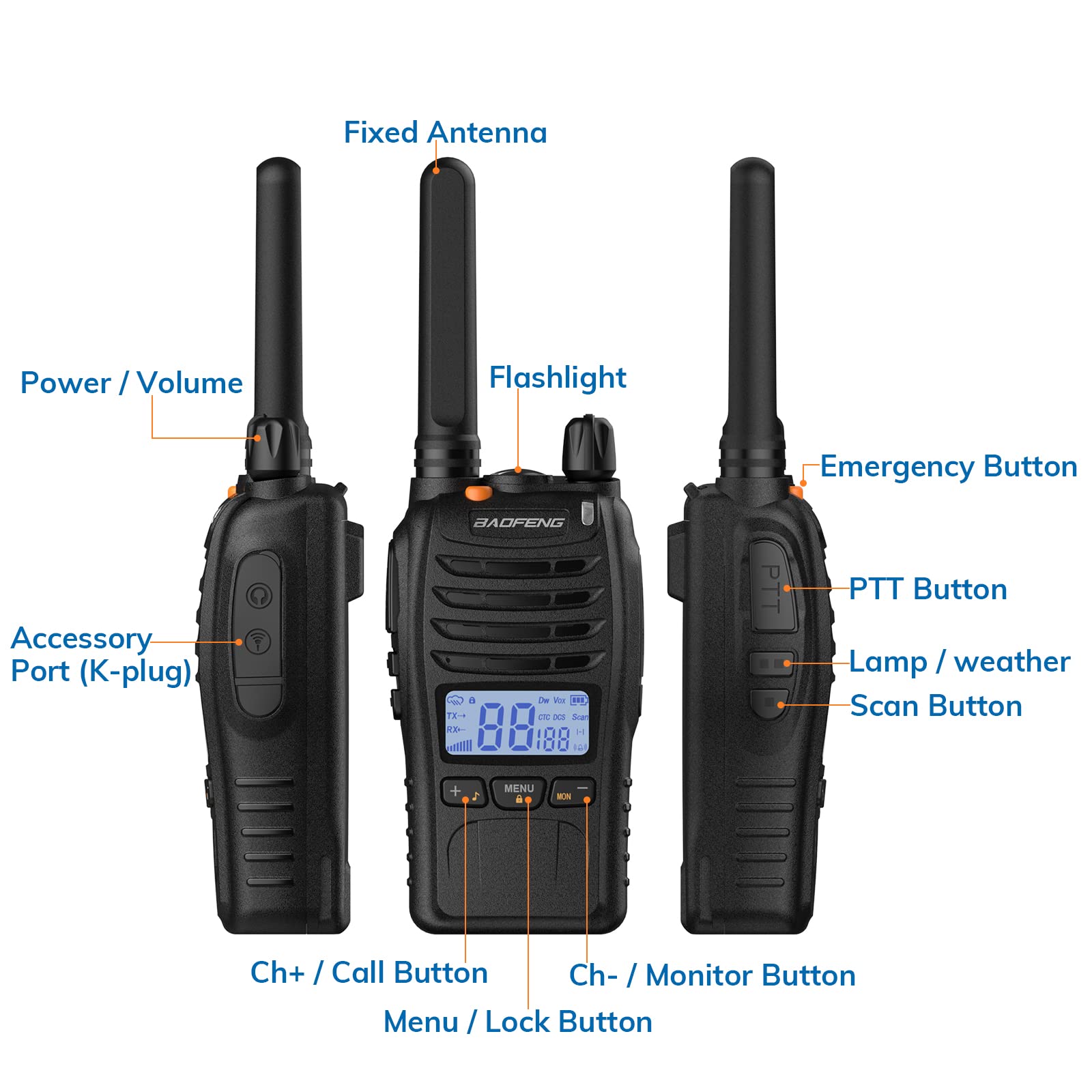 Baofeng BF-88ST Pro Walkie Talkies 3 Pack - Long Range Two Way Radios for Adults & Kids, Upgraded NOAA VOX Dual Watch with Desktop Charger & Earpieces (Black) - Perfect for Camping, Hiking, Outdoor Adventures and Emergency Communication