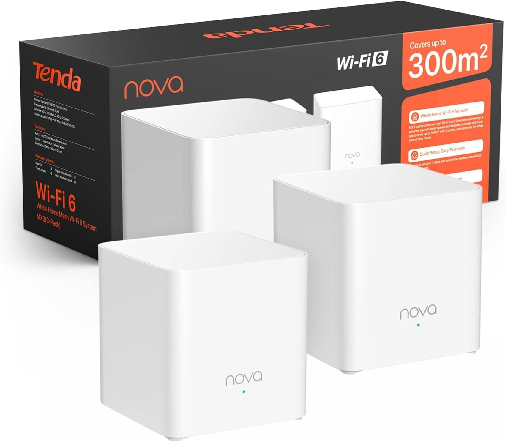 Tenda Nova Mesh MX3 (3-Pack) - AX1500 Dual-Band WiFi 6 Mesh System, Whole Home Coverage up to 270㎡, Easy Setup, Parental Controls, Alexa Compatible - Perfect for Smart Homes and Large Spaces