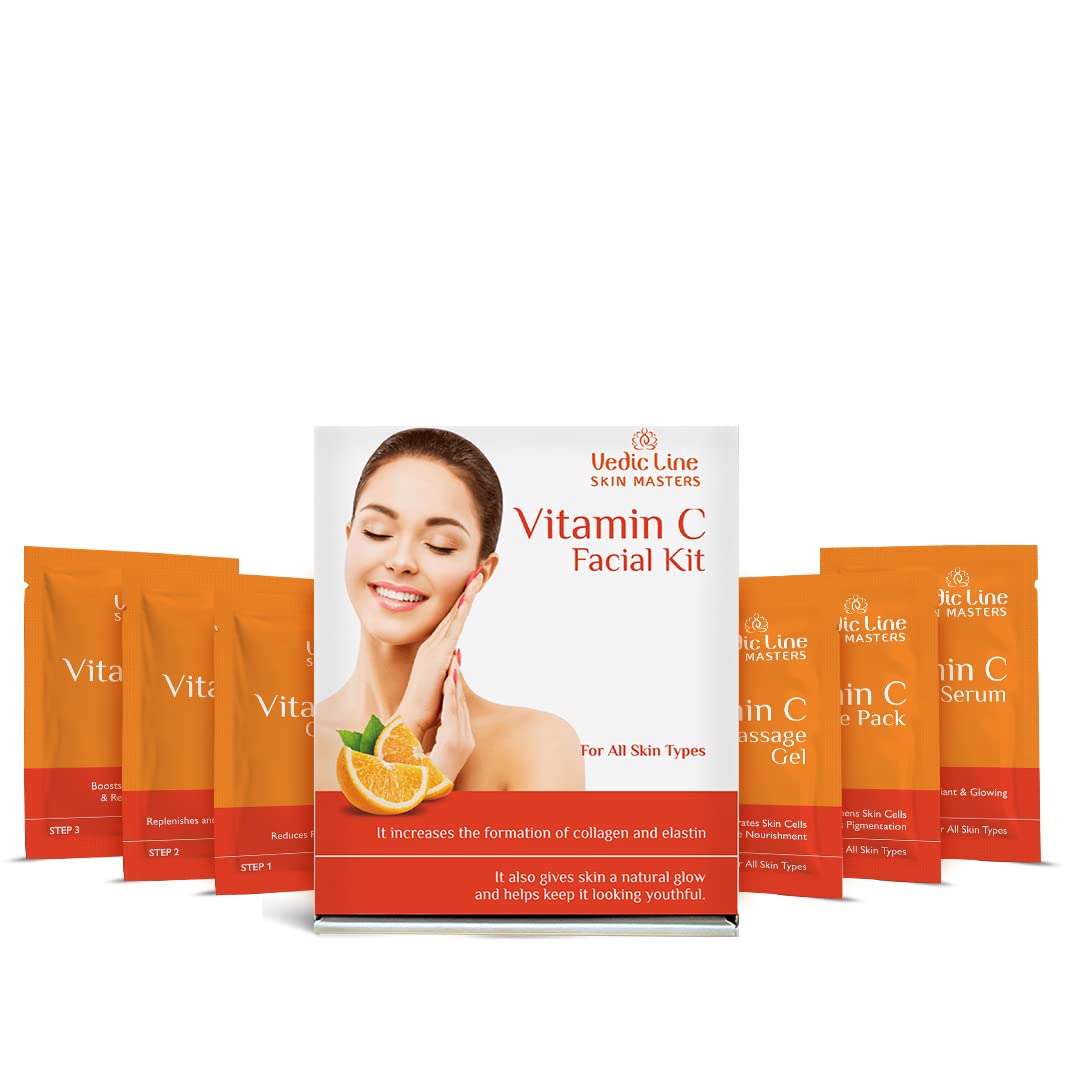 Vedicline Vitamin C Facial Kit - Brightening & Anti-Aging Skincare with Aloe Vera, Turmeric & Niacinamide - Reduces Tan, Pigmentation & Blemishes for Glowing Skin - 50ml (6 Sachets) - Perfect for Daily Skincare Routine & Diwali Gifts
