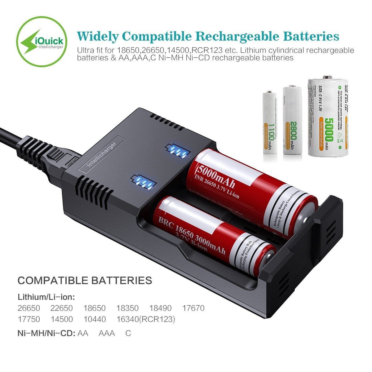 EBL 2-Pack 26650 Rechargeable Lithium Batteries 5000mAh with 992 Universal Battery Charger - Perfect for Flashlights, Vape Mods, and Solar Power Storage