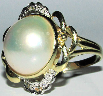 14K Gold Estate Diamonds Mabe Pearl Cocktail Ring – Elegant Vintage Jewelry for Parties, Weddings & Special Occasions