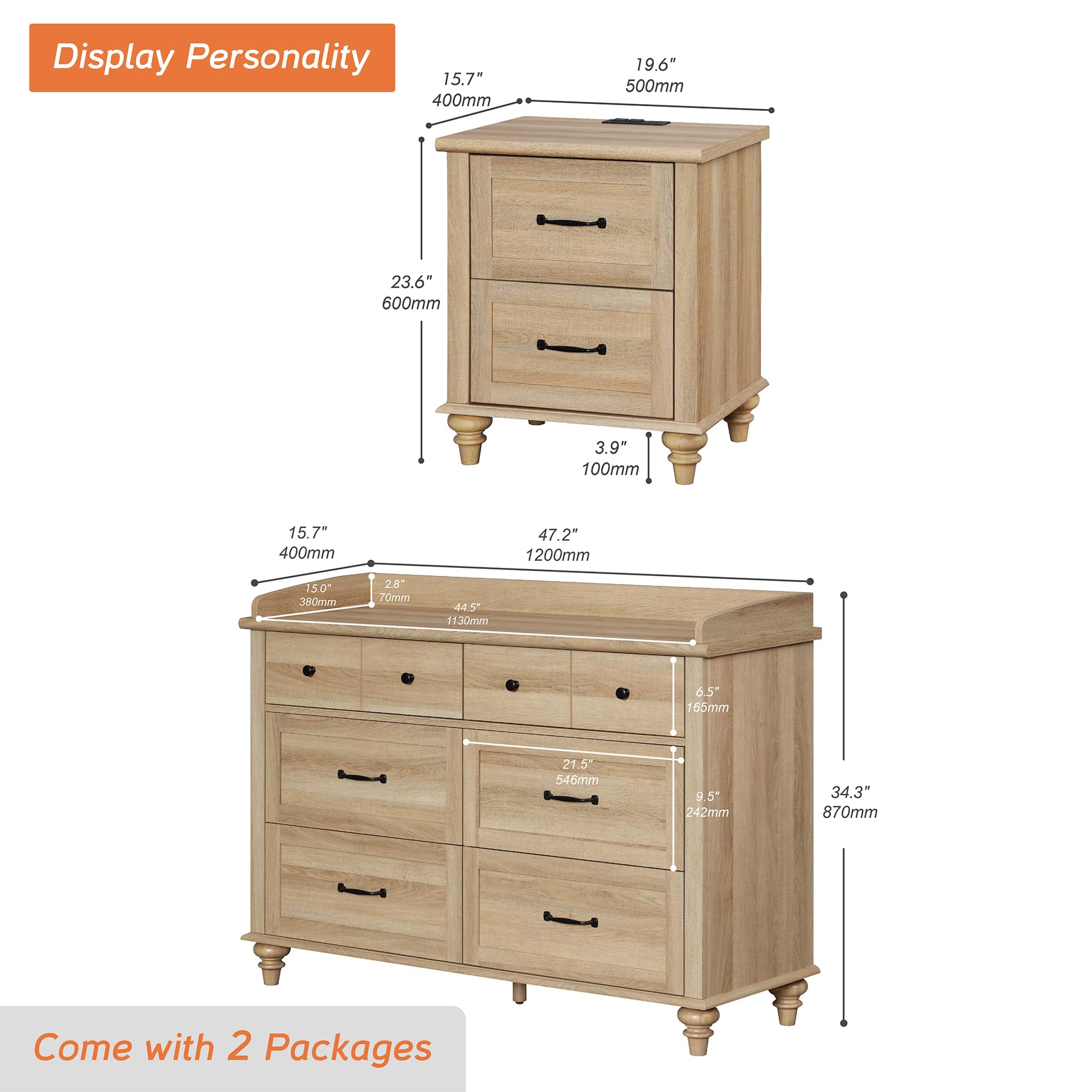 WAMPAT 2-Piece Wooden Dresser and Nightstand Set - 6-Drawer Oak Bedroom Furniture with Metal Handles & Charging Station | Farmhouse Style Dresser & Nightstand for Bedroom Storage & Organization