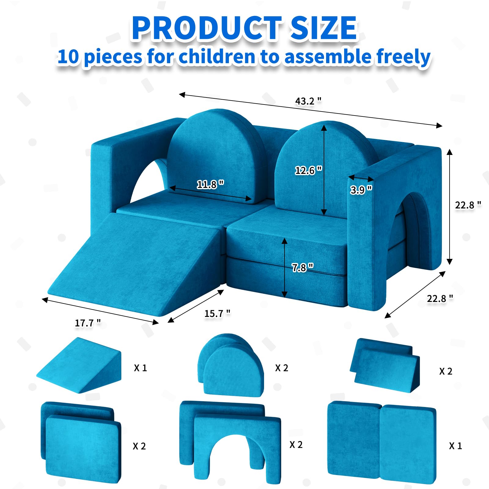 10PCS Modular Kids Play Couch with Climbing Slope - 10-in-1 Toddler Sofa for Playing, Creativity & Sleeping - Indoor Children's Furniture for Boys & Girls (Blue) - Perfect for Playrooms, Bedrooms & Daycare Centers