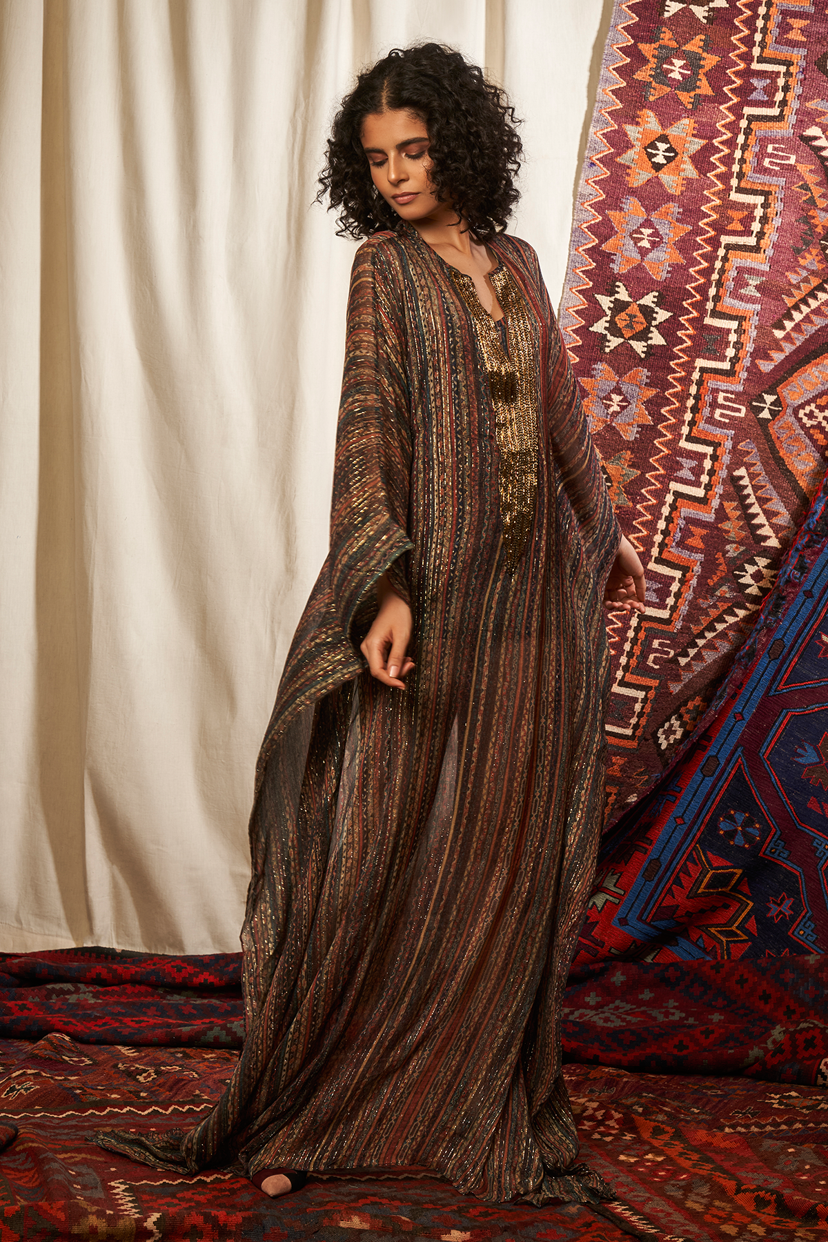Elegant Stripes Print Kaftan Dress with Embellished Neckline - Perfect for Beach Vacations, Pool Parties & Summer Getaways