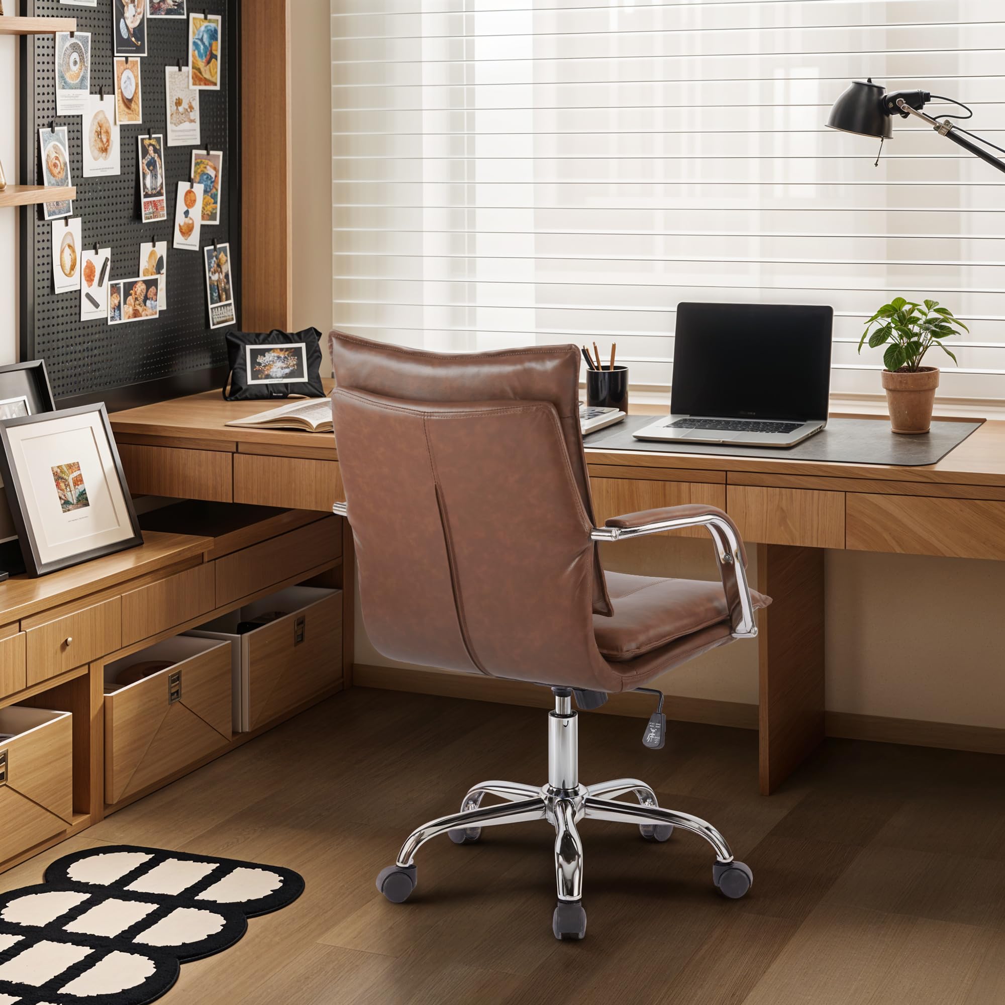 Premium Mid-Back Ergonomic Leather Office Chair - Modern Executive Desk Chair with Gold Frame & Adjustable Armrests - Comfortable Computer Task Chair (Brown Upholstery/Silver Legs) for Home Office, Gaming & Workspace