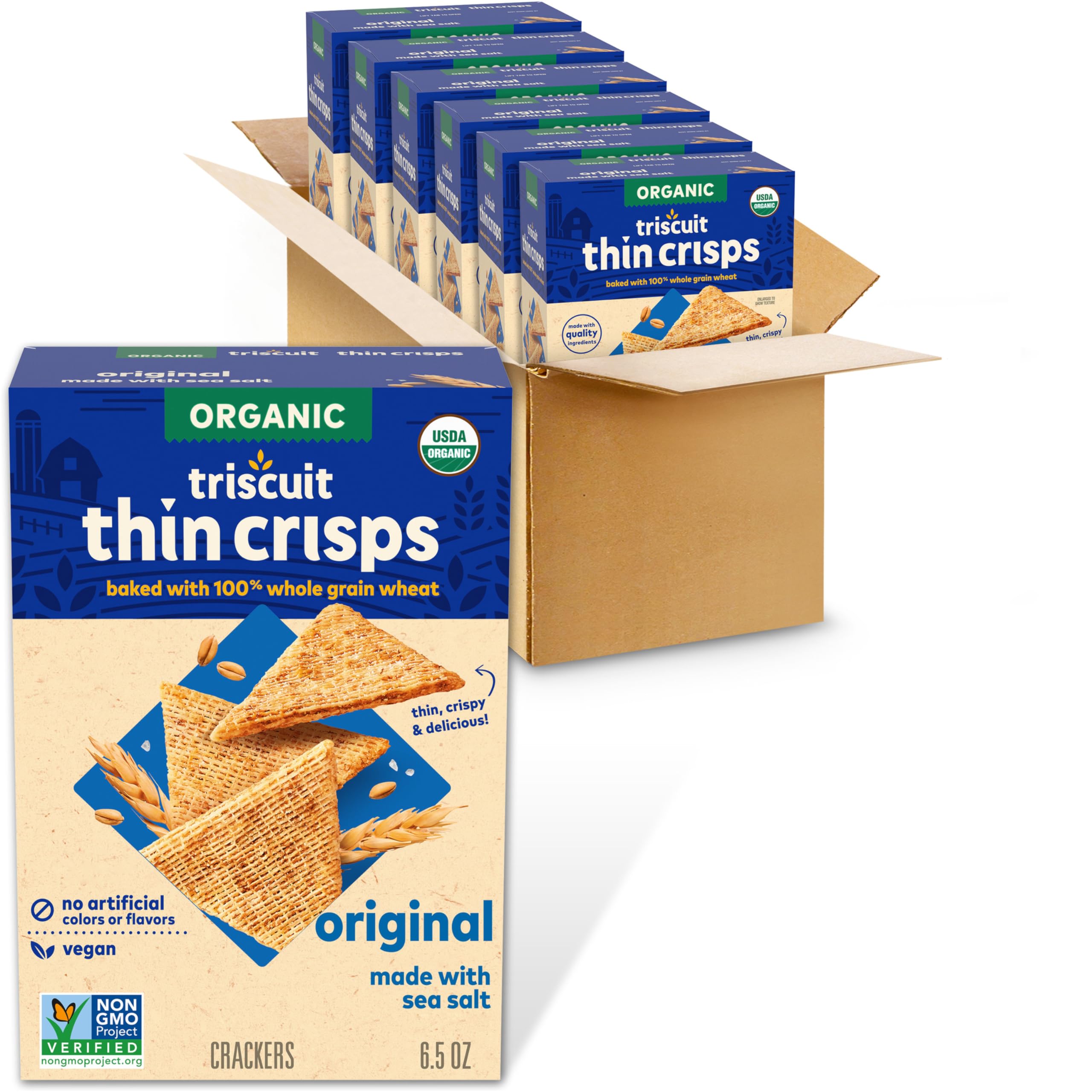 Organic Whole Grain Wheat Crackers | Triscuit Original Vegan Snacks | Gluten-Free Healthy Lunch Box Snacks for Kids & Adults | Perfect for Office, School & Picnics | 6-Pack (6.5 oz Each)