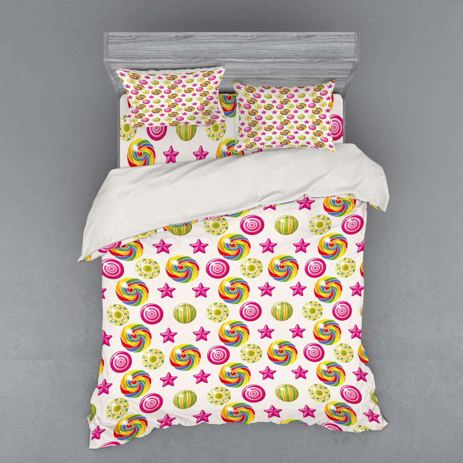 Ambesonne Candy Rainbow Swirl Lollipop Duvet Cover Set - Queen Size 4-Piece Bedding with Shams & Fitted Sheet - Vibrant Multicolor Star Design for Sweet Dreams - Perfect for Kids' Rooms, Teen Bedrooms & Whimsical Decor