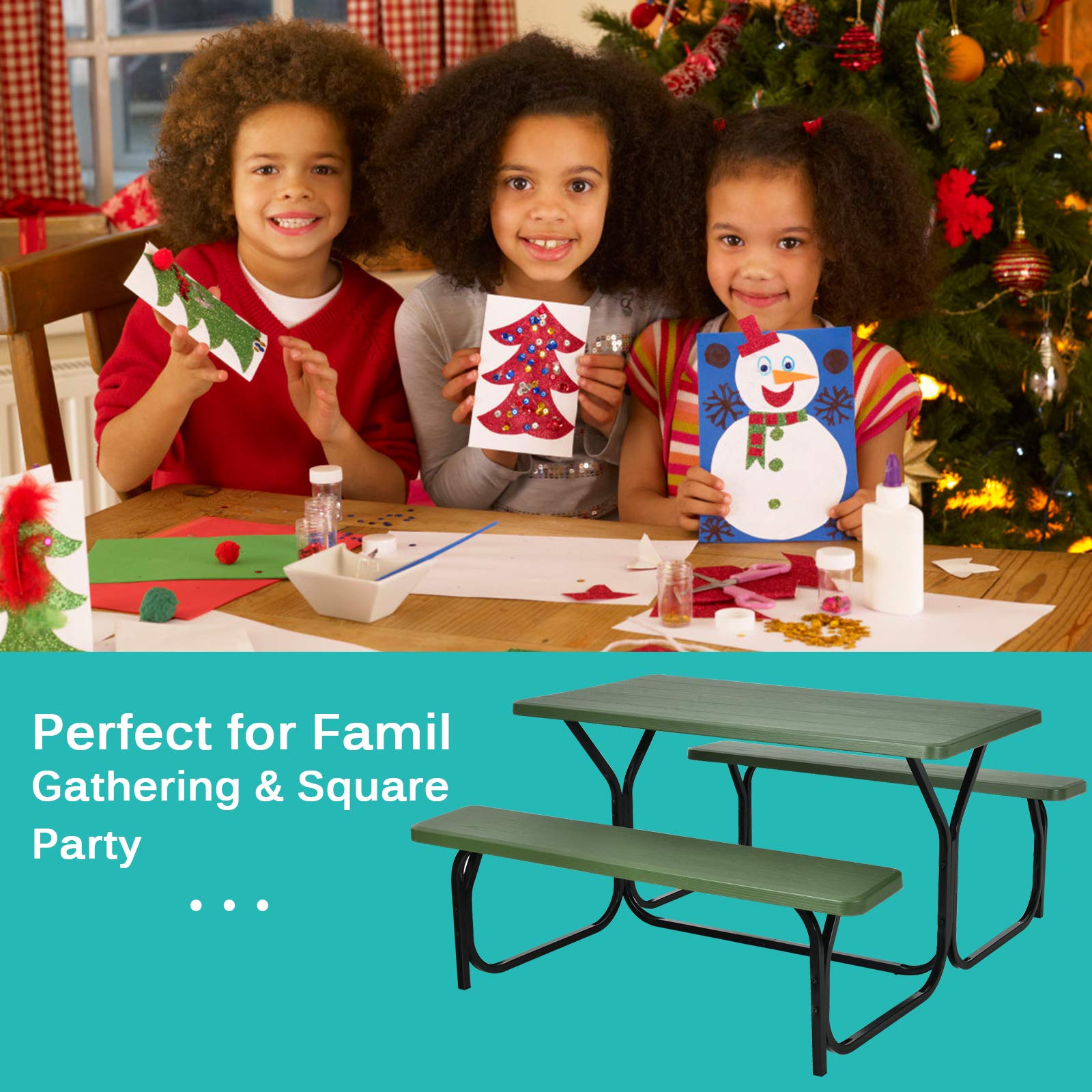Moccha Portable Plastic Picnic Table Bench Set with Steel Frame & Wood-Like Texture - Heavy Duty All-Weather Outdoor Dining Set for Garden, Patio, Backyard, Camping and Party Gatherings (Green)