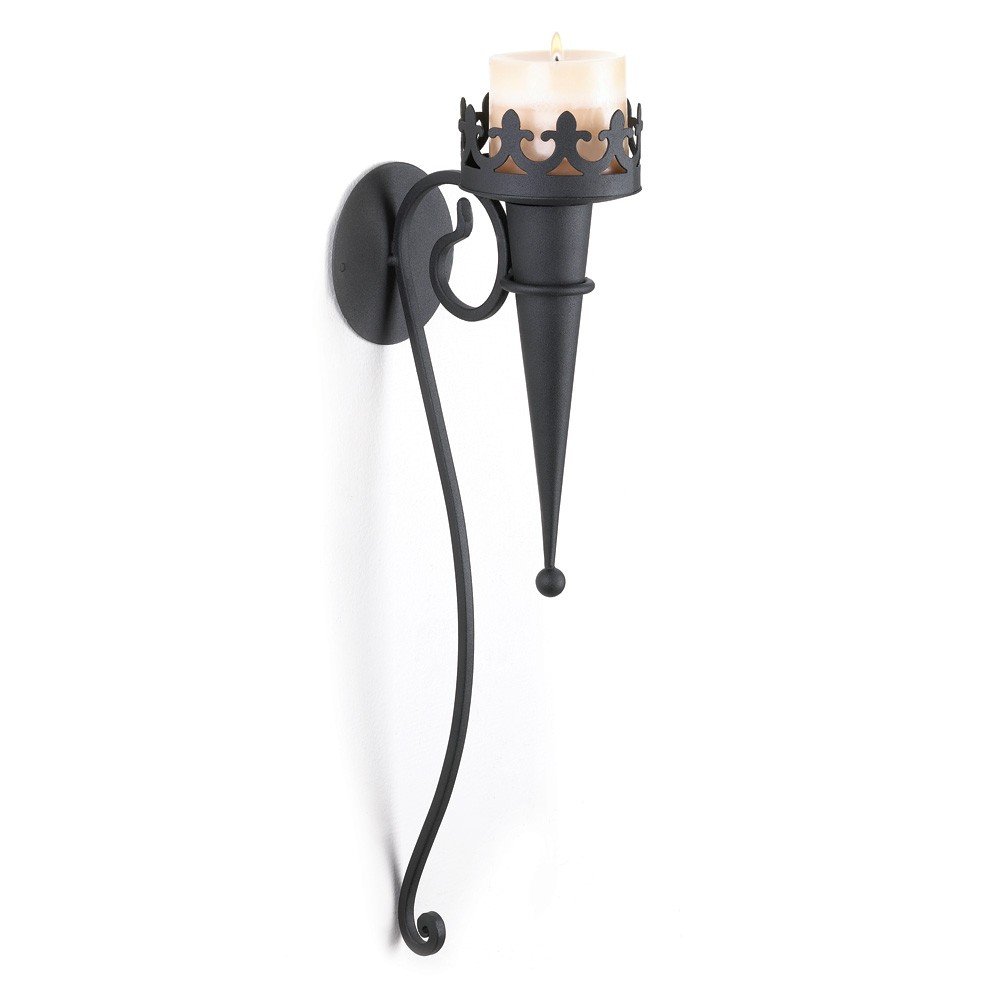 Set of 2 Gothic Black Torch Iron Wall Candle Sconces - Vintage Medieval Style Metal Candle Holders for Home Decor, Wedding & Halloween Party