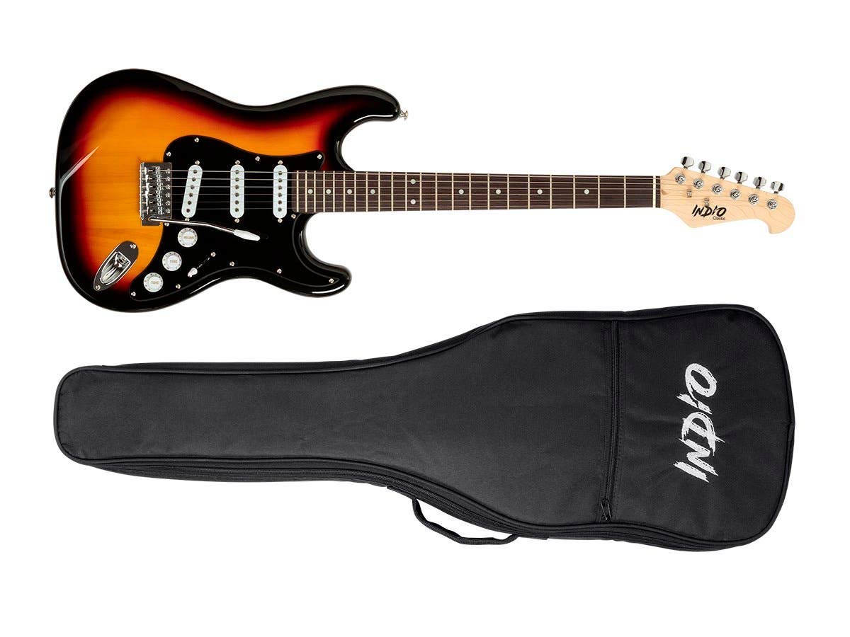 Monoprice Cali Classic Electric Guitar - Sunburst Finish, 6-String Solid Body with Double-Cutaway & SSS Pickups, Right-Handed Beginner Guitar with Gig Bag - Ideal for Rock, Blues & Practice Sessions - Indio Series