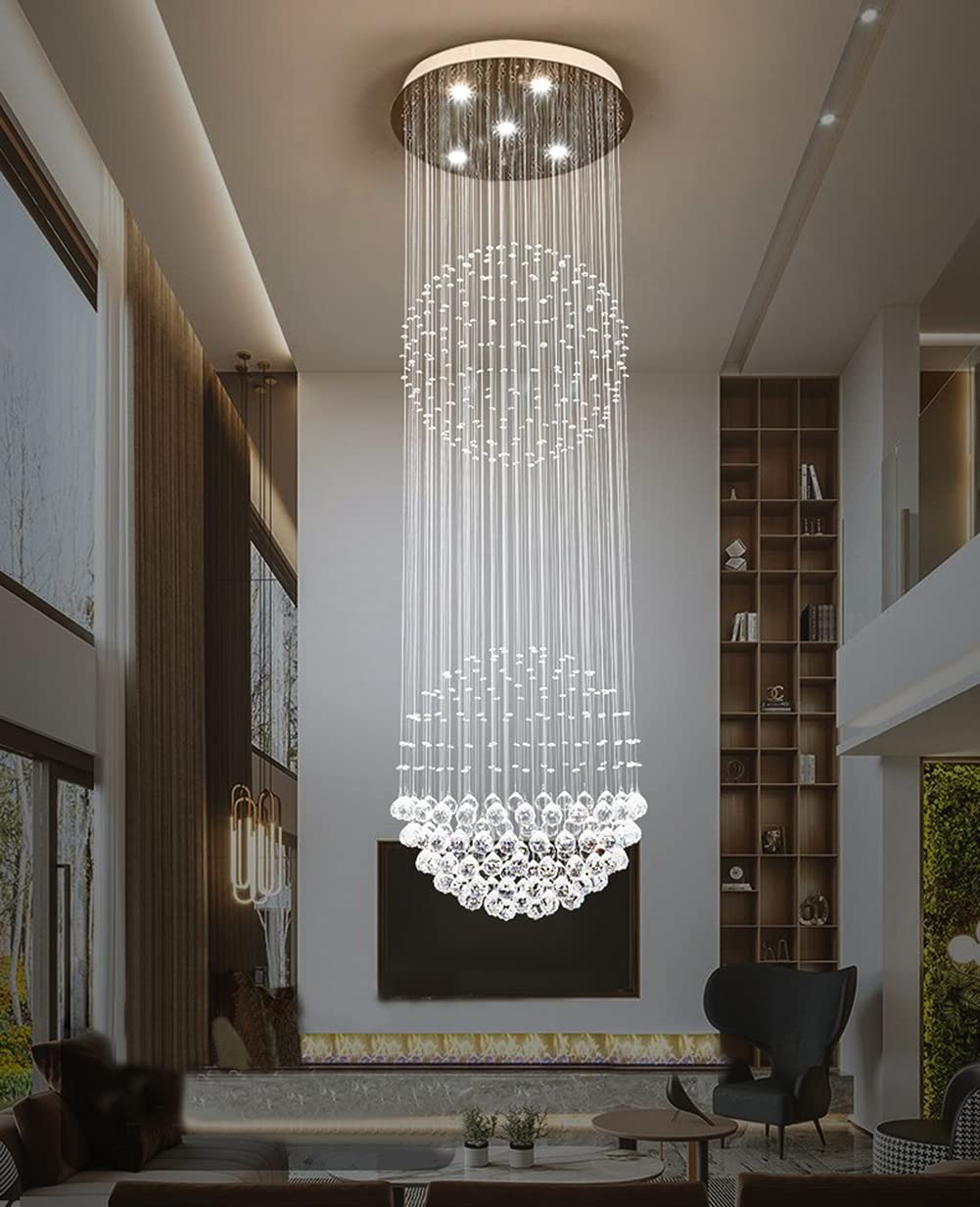 Modern K9 Crystal Raindrop Chandelier Pendant Light - Chrome Silver Round Sphere Flush Mount LED Ceiling Lamp (5-Lights, D20