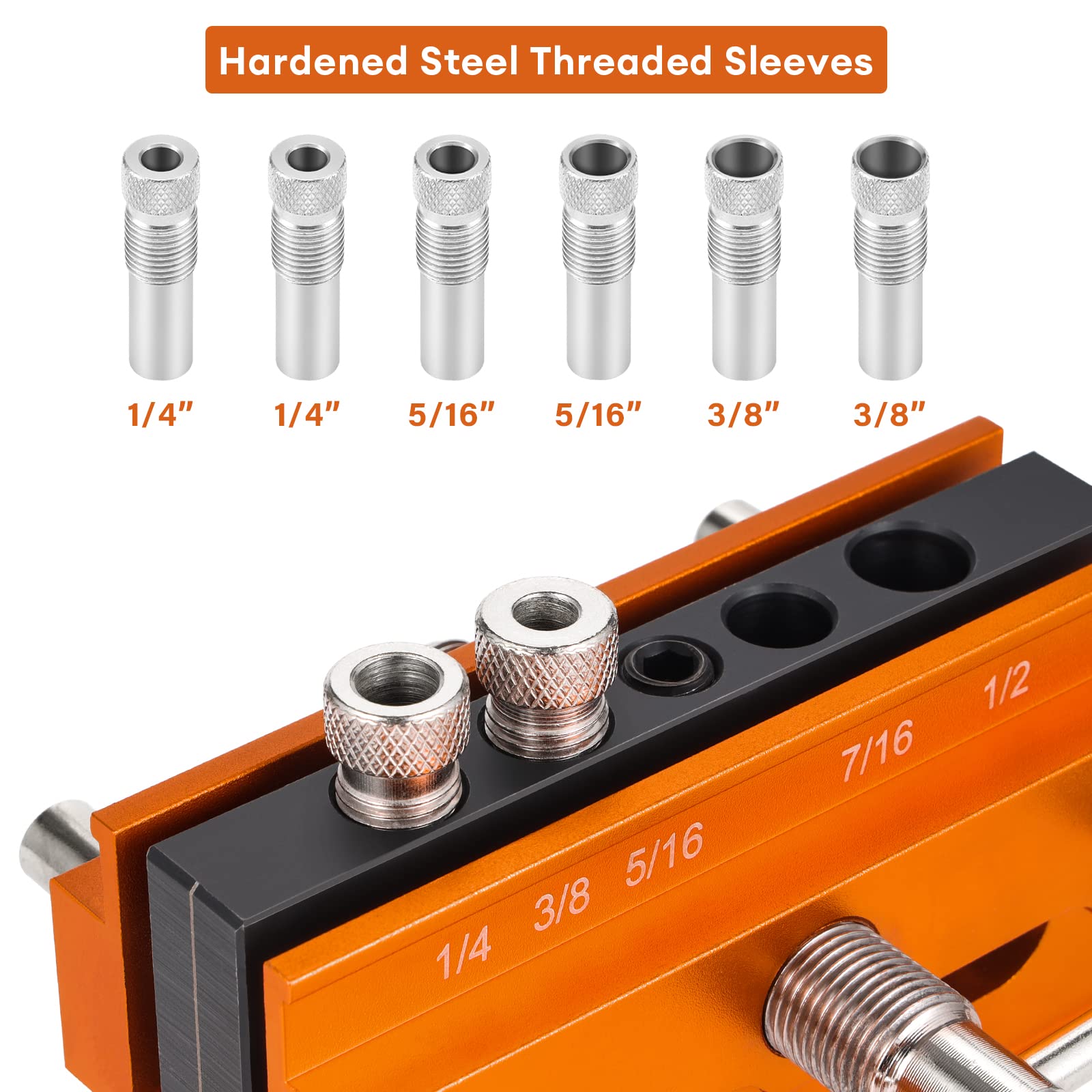 SLIIMU Self Centering Dowel Jig Kit - 6 Drill Sleeves, Inch Woodworking Drill Guide for Straight Holes, Portable Drill Block for Wood Dowels (Orange) - Perfect for Cabinet Making, Furniture Repair & DIY Woodworking Projects
