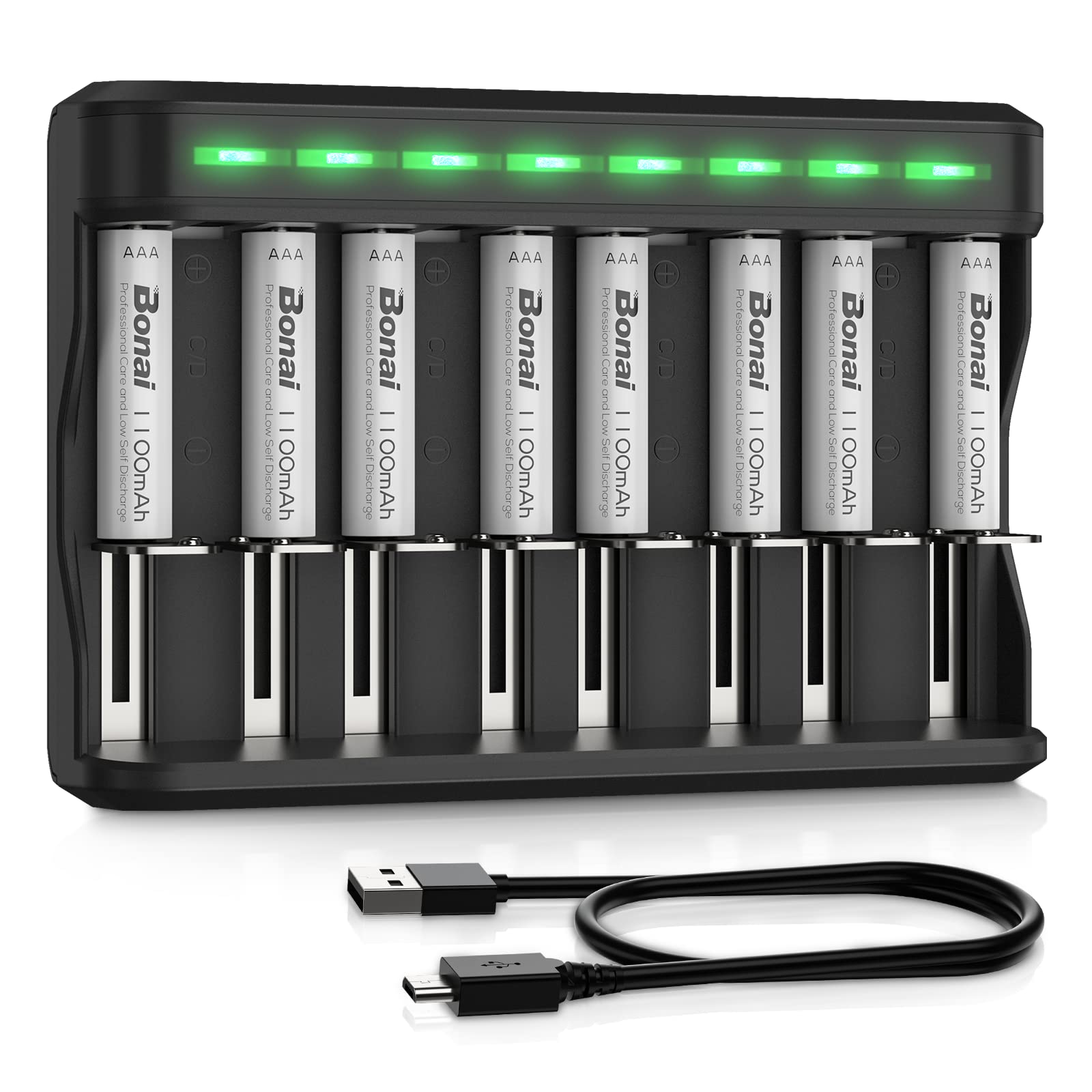 BONAI Rechargeable AAA Batteries 8-Pack 1100mAh with 8 Bay Fast Charger - NiMH/NiCD Battery Charger for AA AAA C D Batteries - Perfect for Cameras, Toys, Flashlights & Electronic Devices