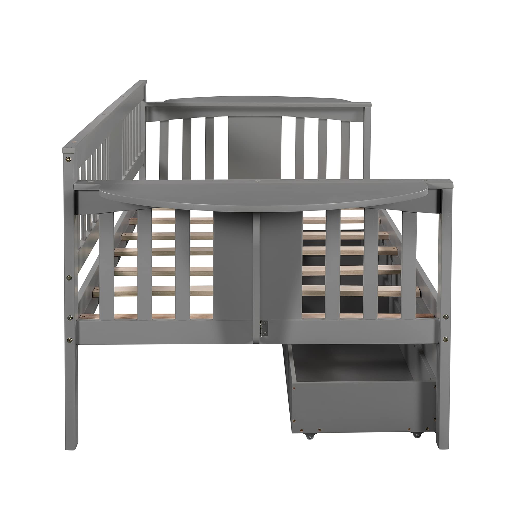 **Solid Wood Twin Daybed with 2 Storage Drawers & Side Table - No Box Spring Needed, Wood Slat Support - Gray Sofa Bed Frame for Bedroom, Living Room, Guest Room & Small Spaces**