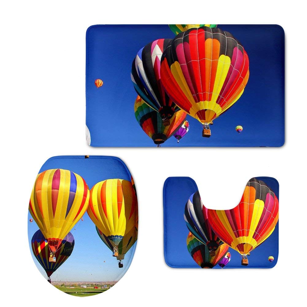 JEOCODY Hot Air Balloon Bathroom Set - 3pcs Super Soft Quick-Drying Bath Mat, Toilet Lid Cover & Pedestal Rug for Cozy Home Decor | Perfect for Bathroom, Shower & Vanity Areas