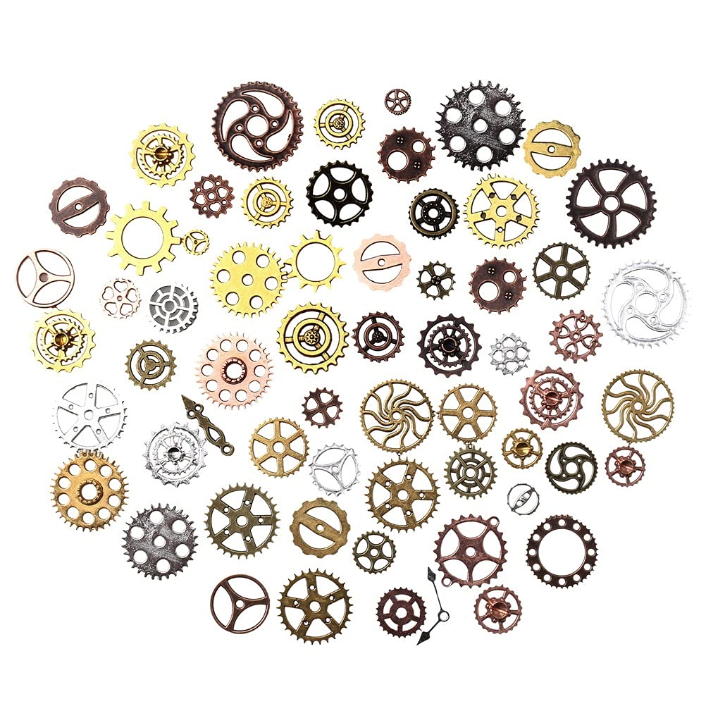 Kuou 100 Grams Antique Brass Cogs and Gears Set - Steampunk Charms for Jewelry Making, DIY Crafts, and Costume Accessories - Perfect for Necklaces, Bracelets, and Cosplay Designs